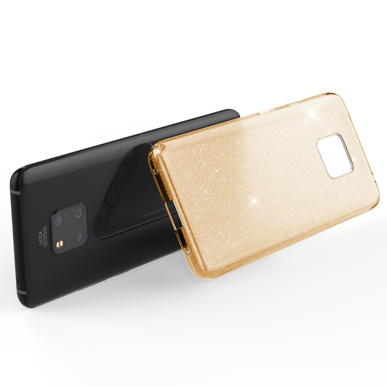 Ein schwarzes Smartphone liegt neben einer glitzernden goldfarbenen Handyhülle.