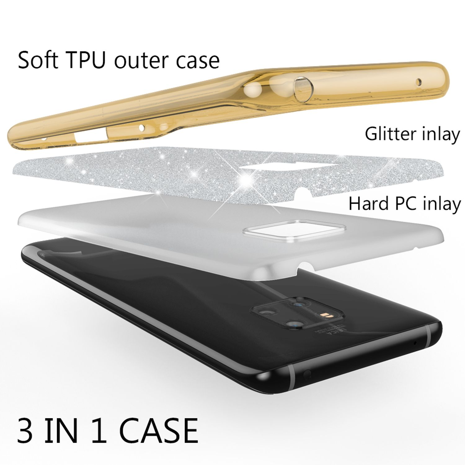 Explosionsansicht einer 3-in-1-Handyhülle: Gold-TPU, Glitzer und harte PC-Schichten.