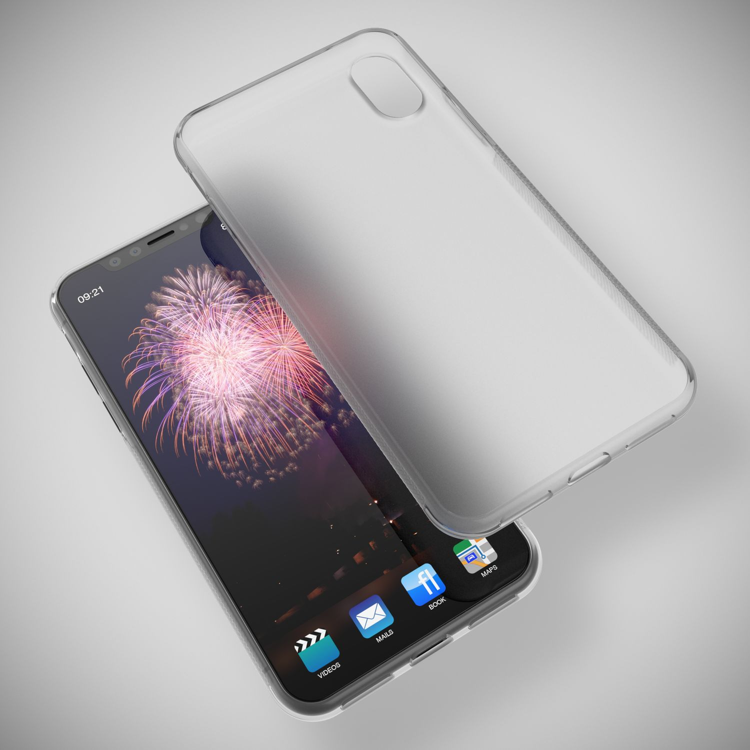 Ein Smartphone mit Feuerwerk-Hintergrund und einer durchsichtigen Hülle daneben.