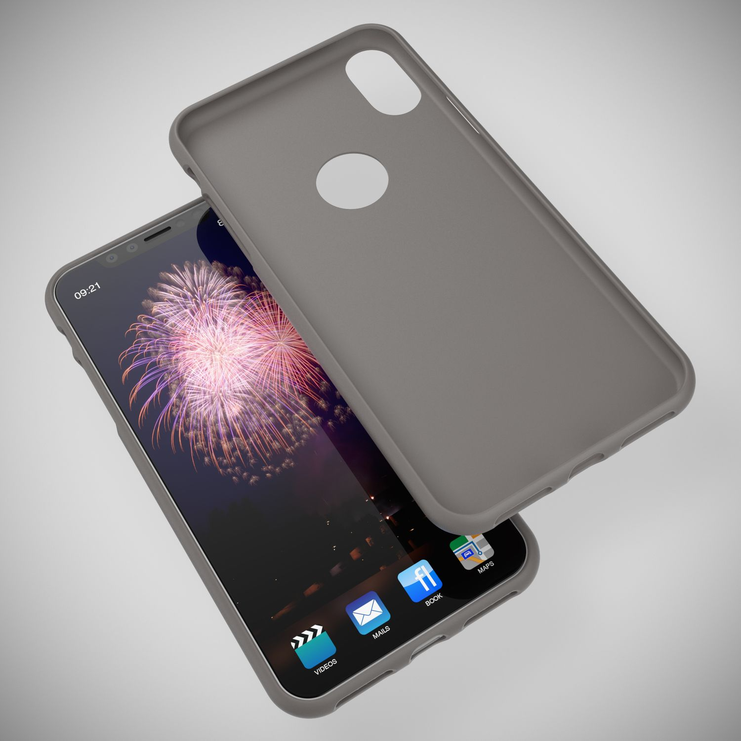 Custodia grigia per telefono appoggiata su uno smartphone con sfondo di fuochi d'artificio.
