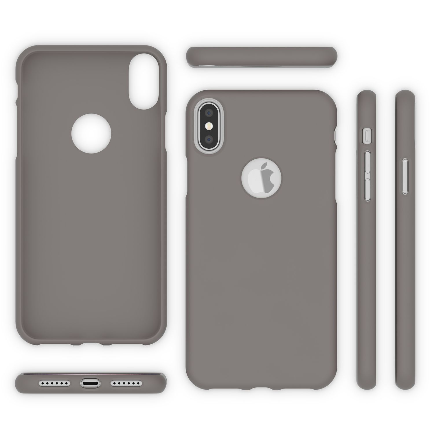 Cover grigie per telefono mostrate frontalmente, dal retro, lato e basso.
