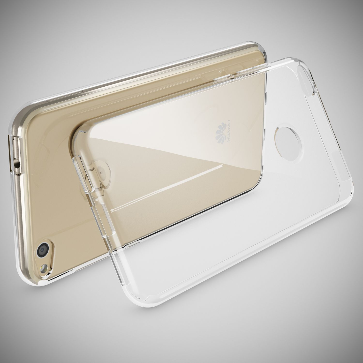 Una cover trasparente copre parzialmente uno smartphone dorato.