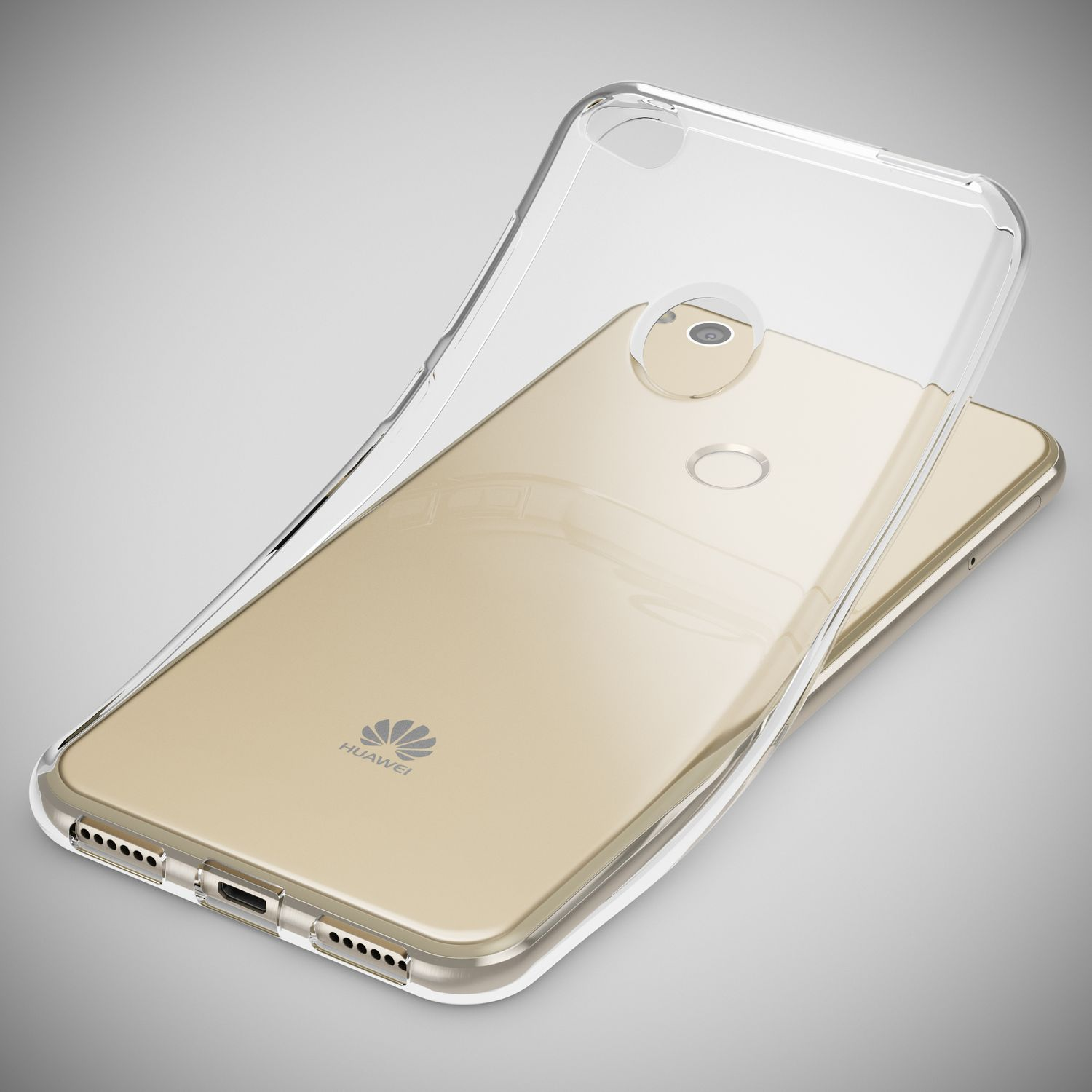 Cover trasparente su smartphone Huawei dorato, vista dall'alto.