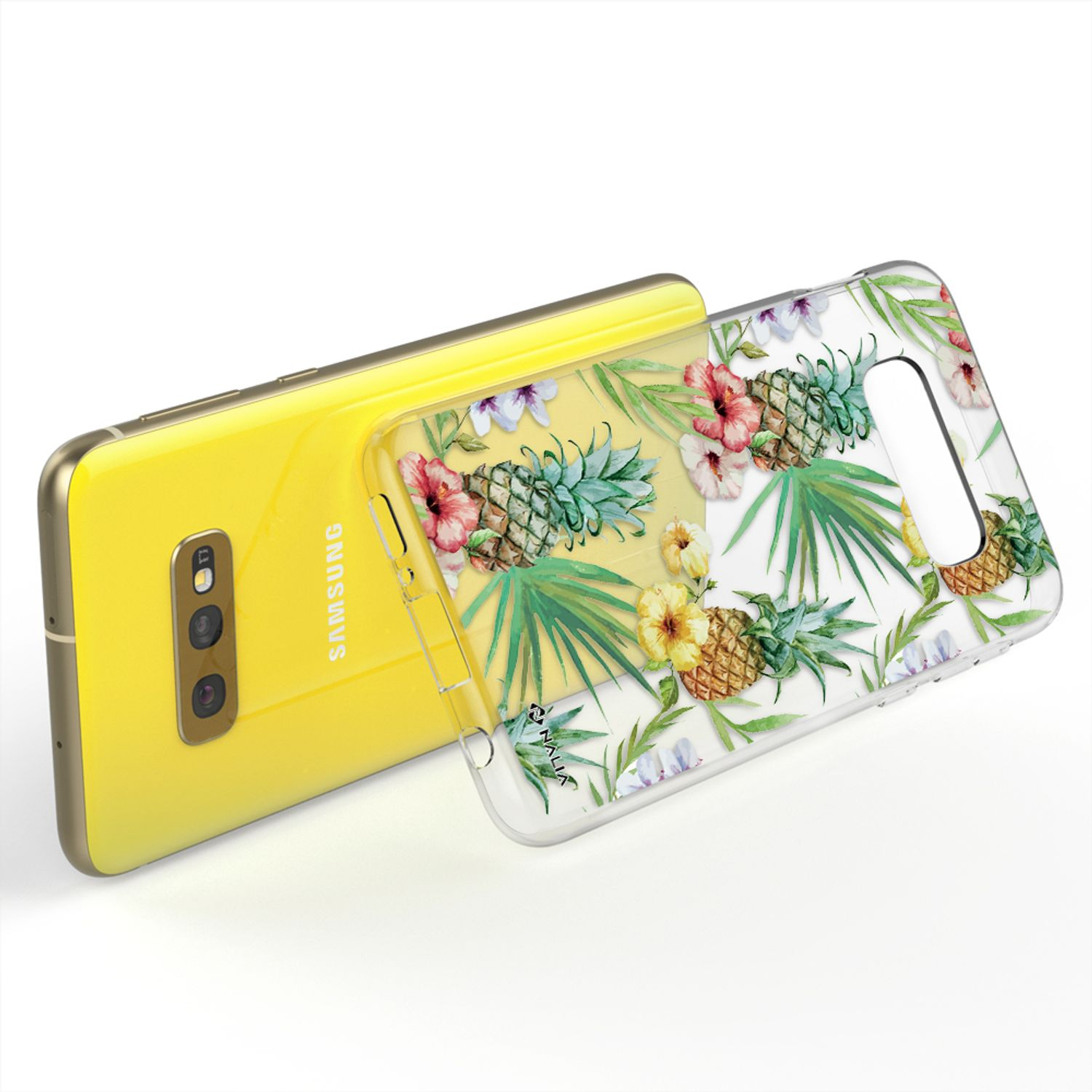 Gelbes Samsung Handy mit einer durchsichtigen Hülle mit Blumen- und Ananasmuster.