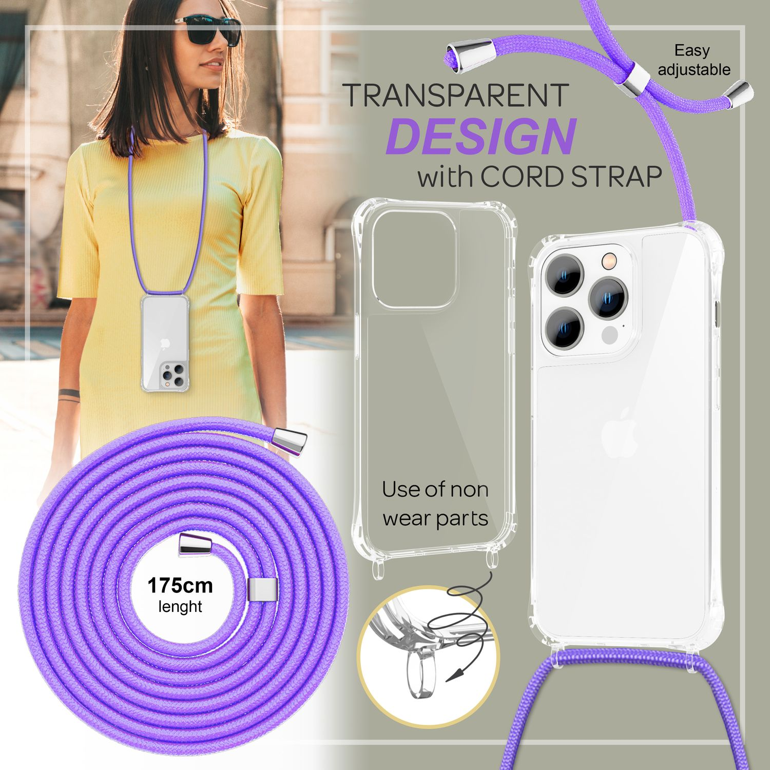 Transparente Hülle mit violettem Band, 175 cm lang, verstellbar.