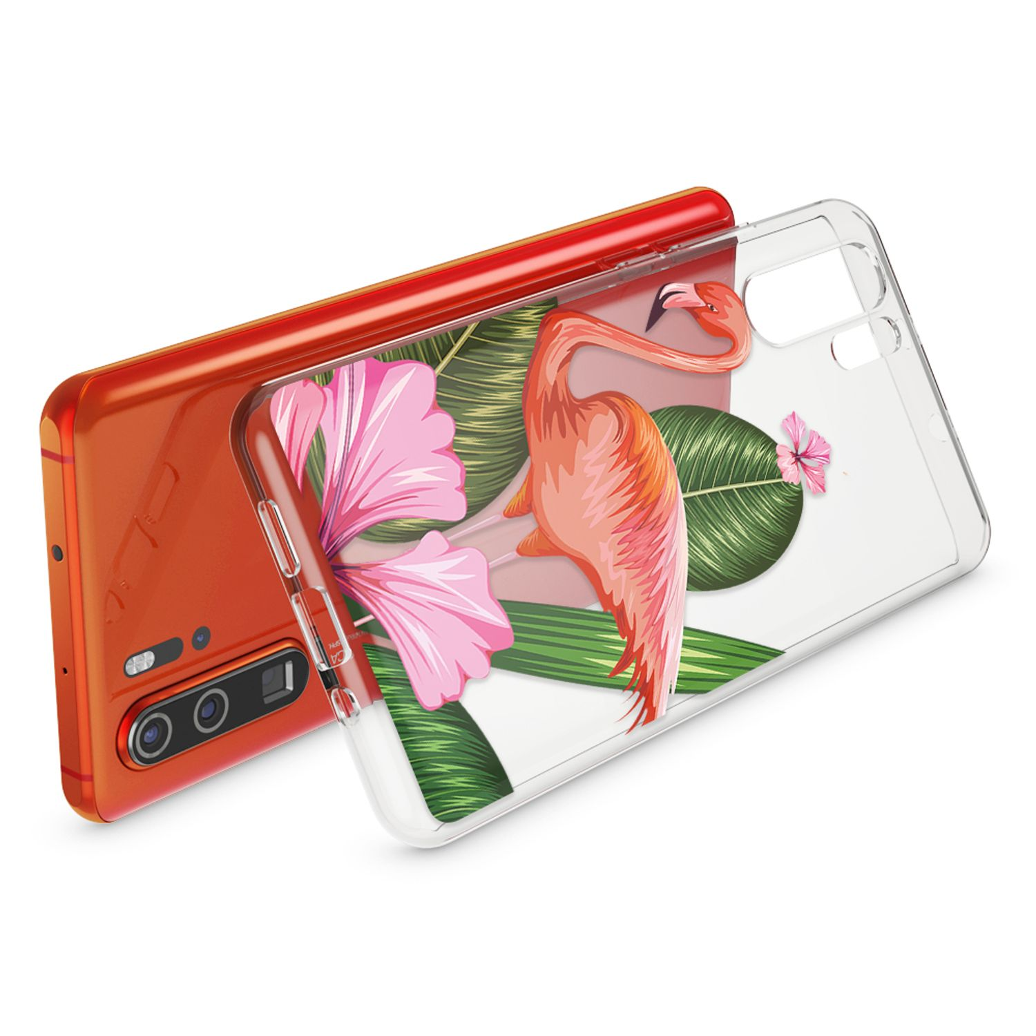 Orangefarbenes Handy mit durchsichtiger Hülle mit Flamingos und Blumen.