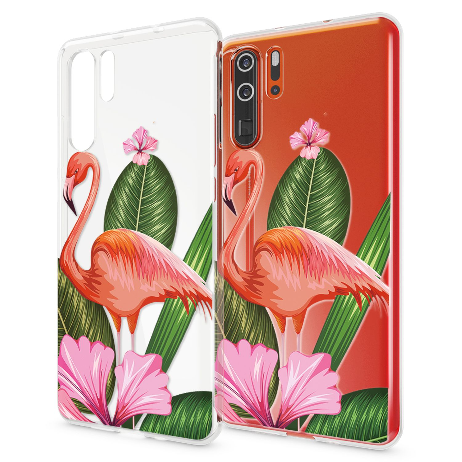 Zwei durchsichtige Handyhüllen mit Flamingos und tropischen Blättern.