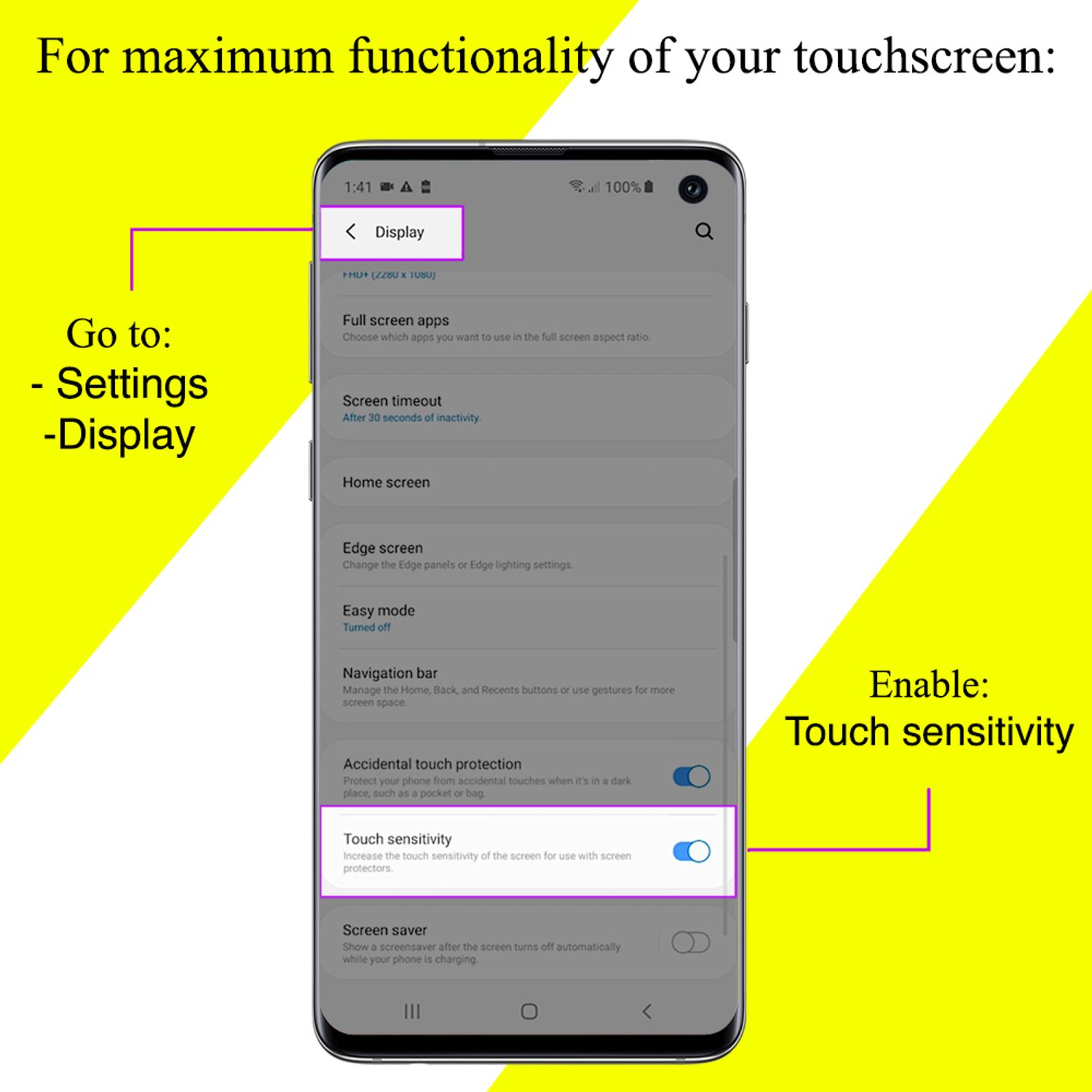 Ein Smartphone-Display mit aktivierter Touch-Sensitivitätseinstellung.
