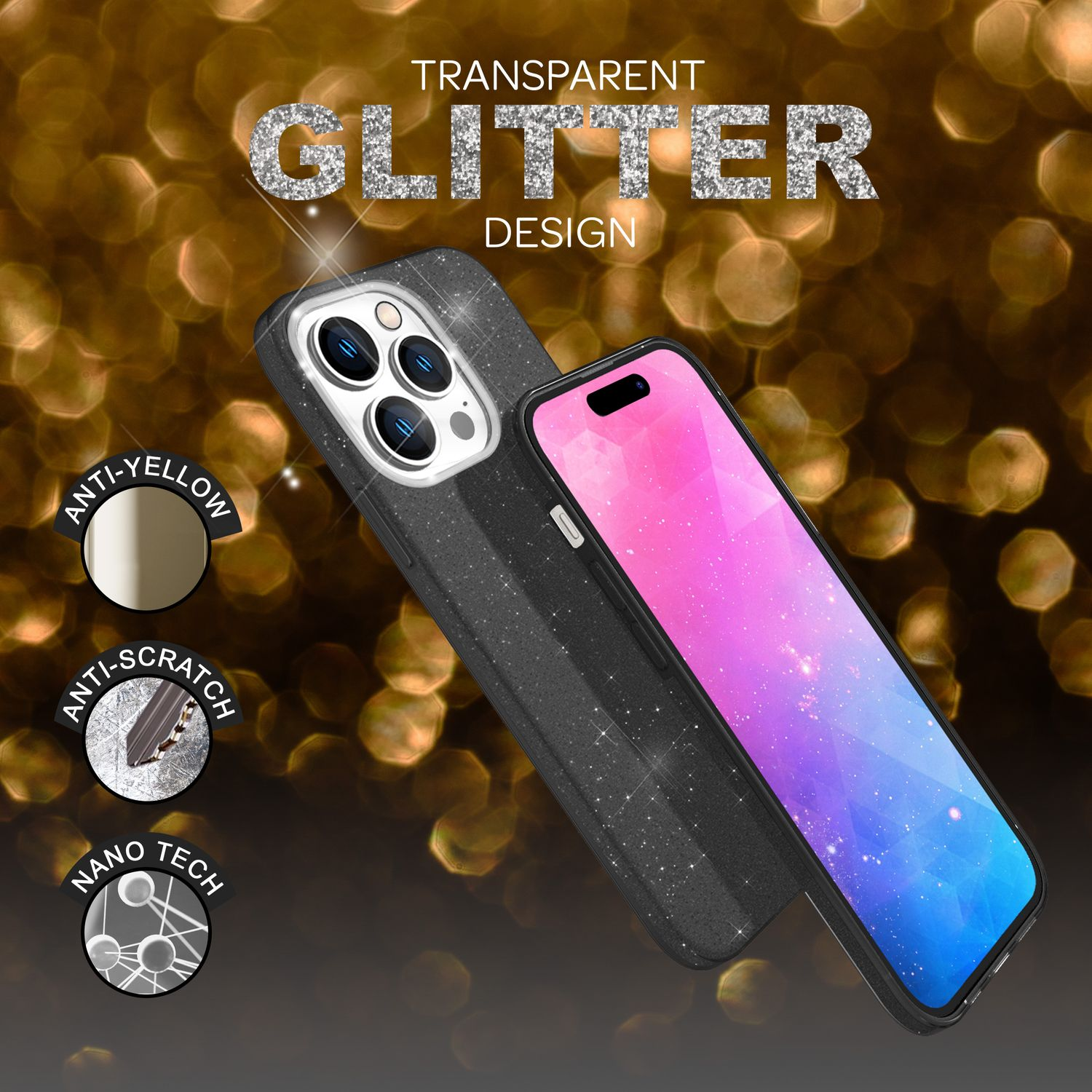 Schwarze Glitzer-Handyhülle mit iPhone, Nano-Tech-Symbolen.