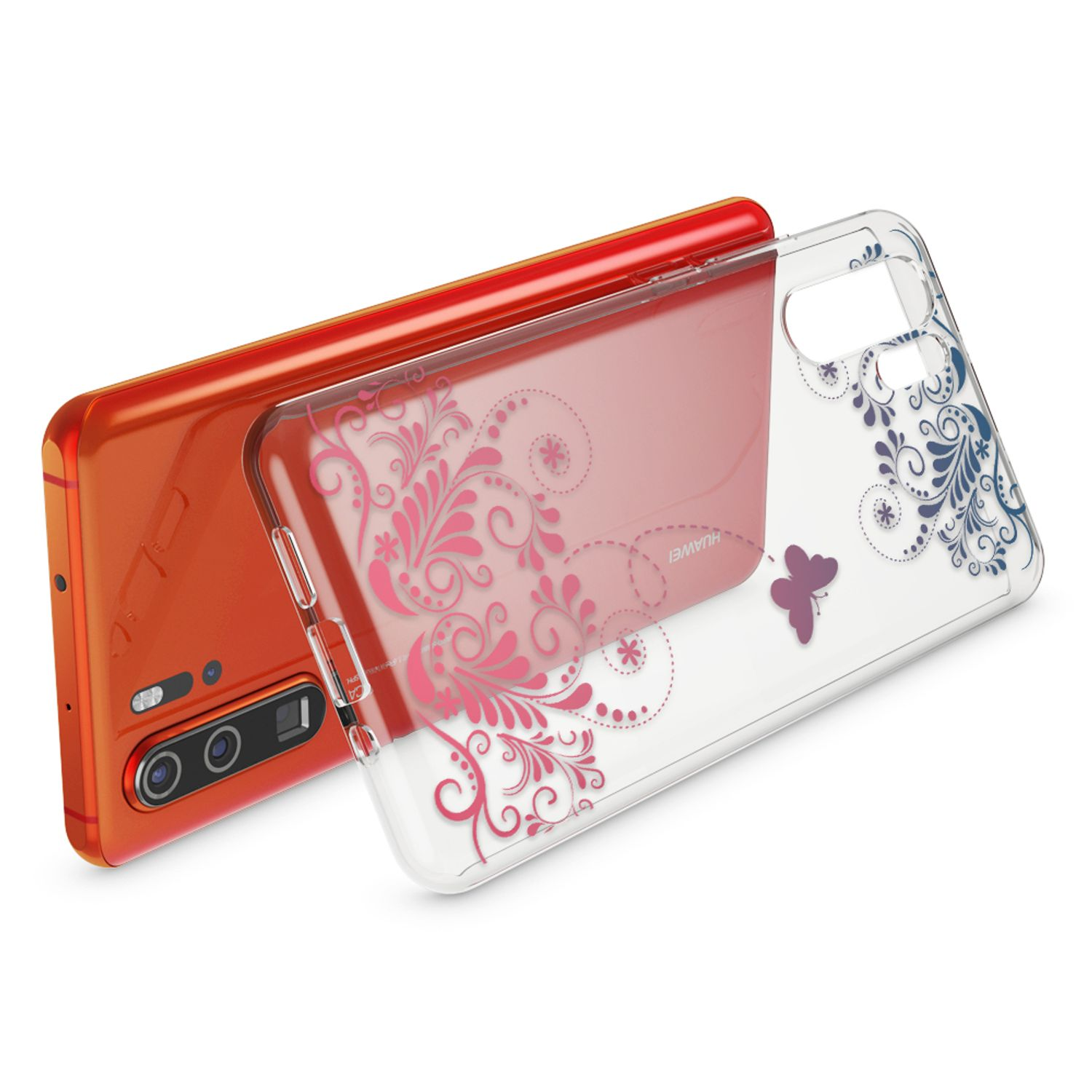 Orangenes Huawei-Handy mit klarer Hülle mit rosa und blauen Blumenmustern.