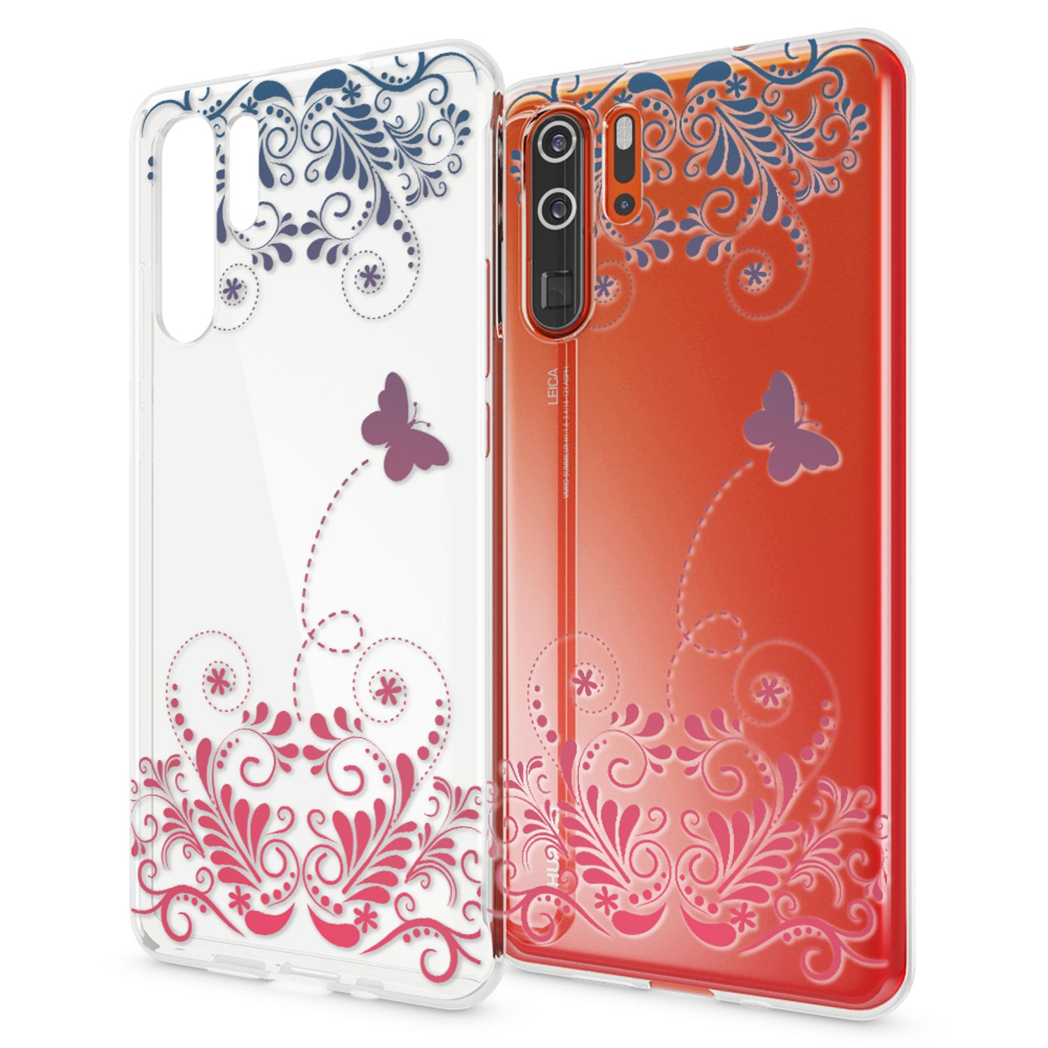 Zwei Handyhüllen mit Schmetterlings- und Blumenmuster. Eine ist klar, die andere rot.