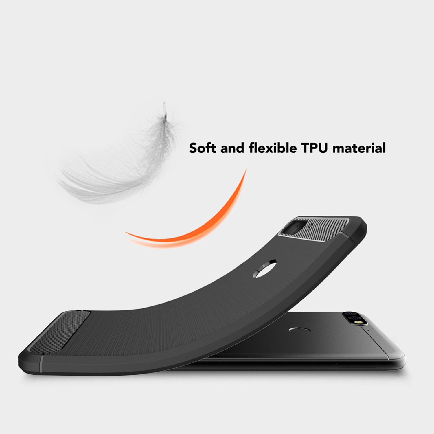 Materiale TPU morbido e flessibile con piuma e arco arancione su cover telefono.