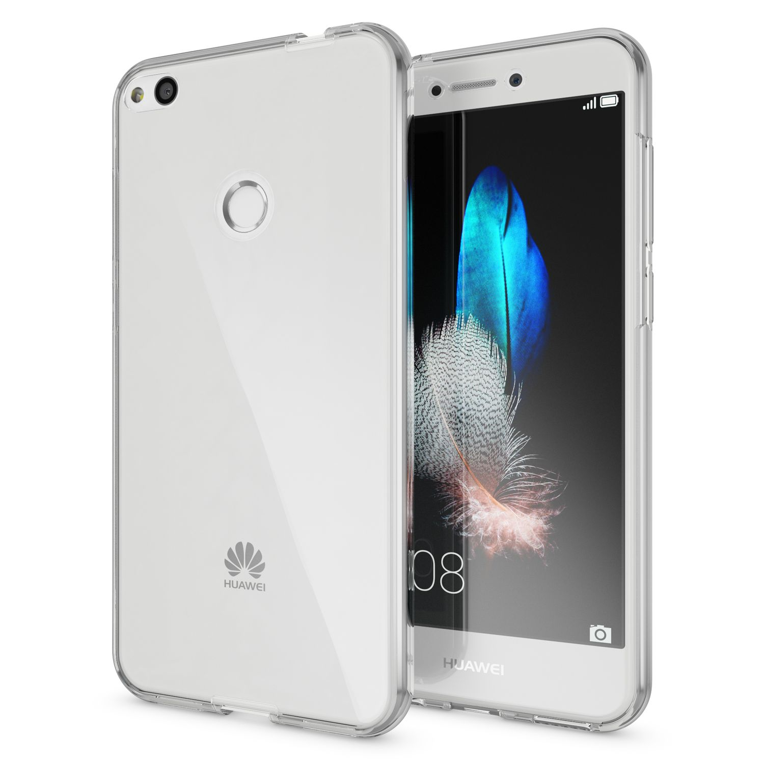 Ein durchsichtiger Schutz für ein Huawei-Smartphone mit einem Feder-Hintergrundbild.