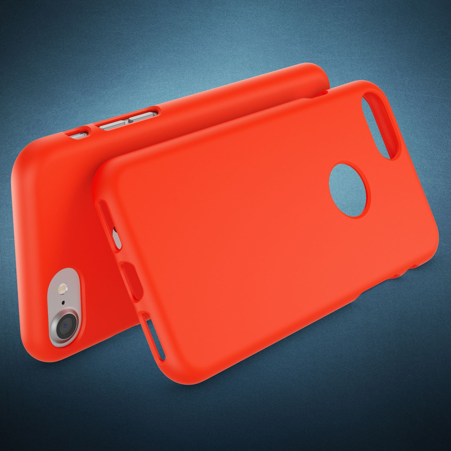 Zwei leuchtend orangefarbene Handyhüllen liegen nebeneinander auf einem dunklen Hintergrund.