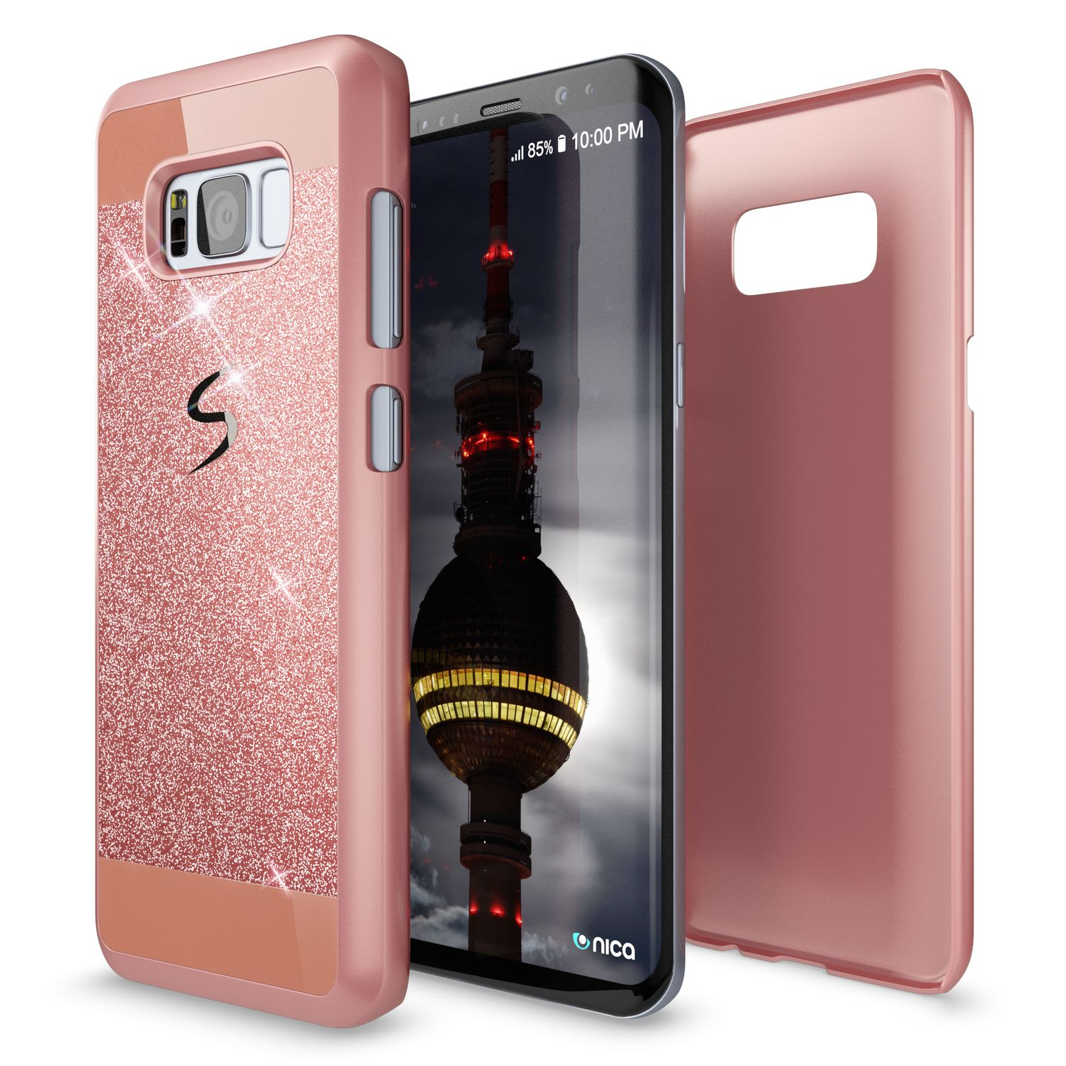 Ein roségoldenes Handycover mit Glitzer und ein Smartphone mit Fernsehturm-Hintergrund.