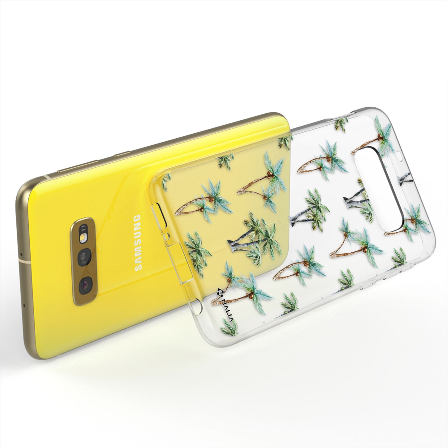 Gelbes Samsung-Handy mit durchsichtigem Schutzhülle mit Palmenmotiv.