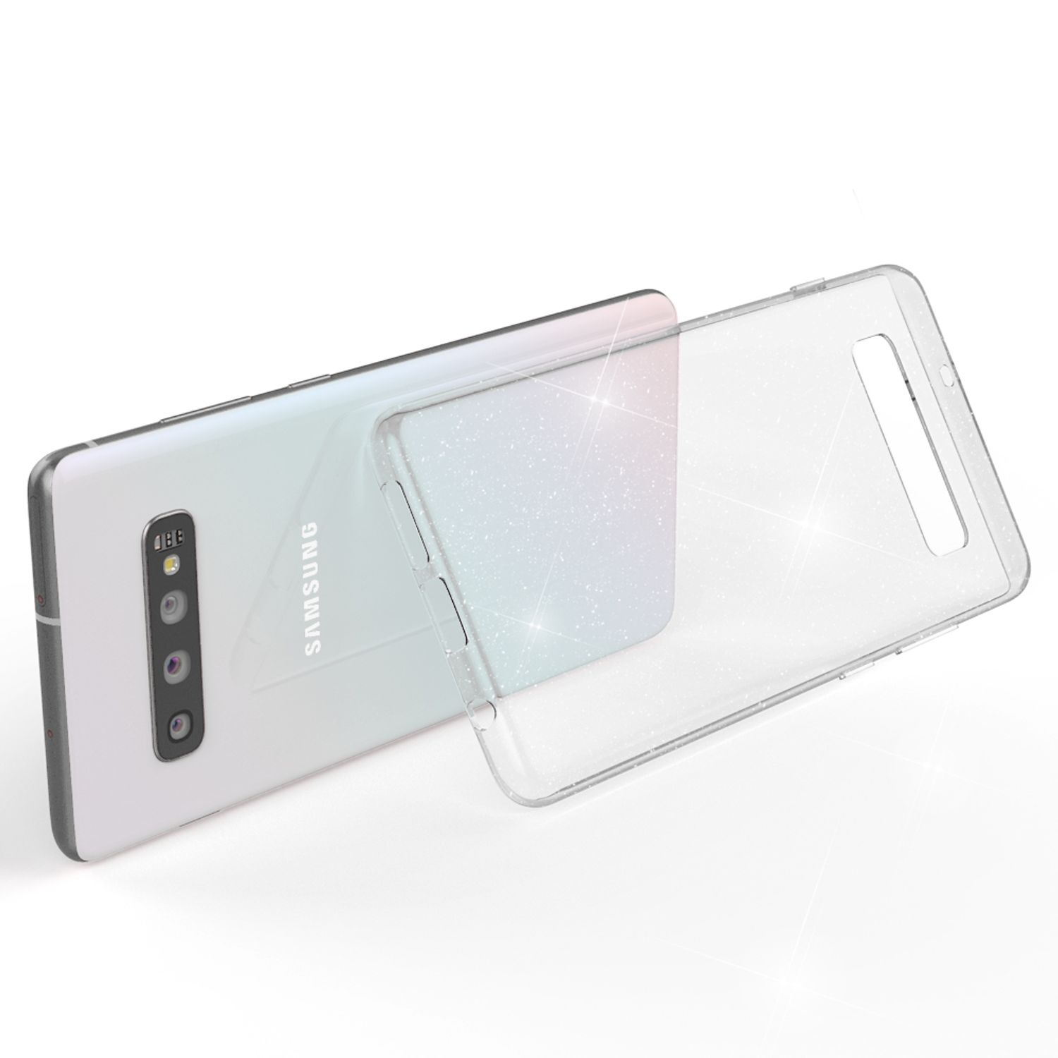 Uno smartphone Samsung bianco con una cover trasparente glitterata.