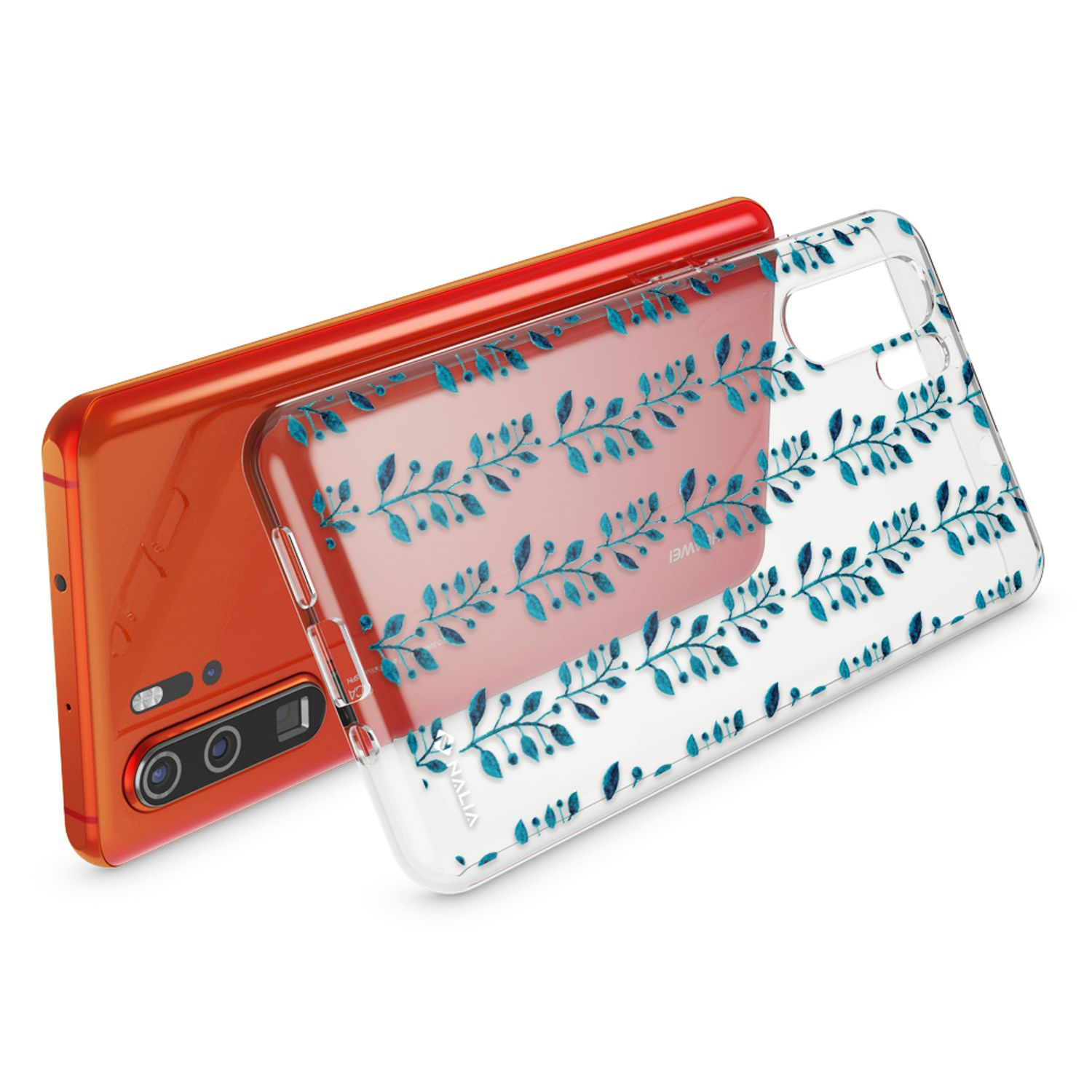 Ein oranges Smartphone mit einer durchsichtigen Hülle mit blauem Blattmuster.