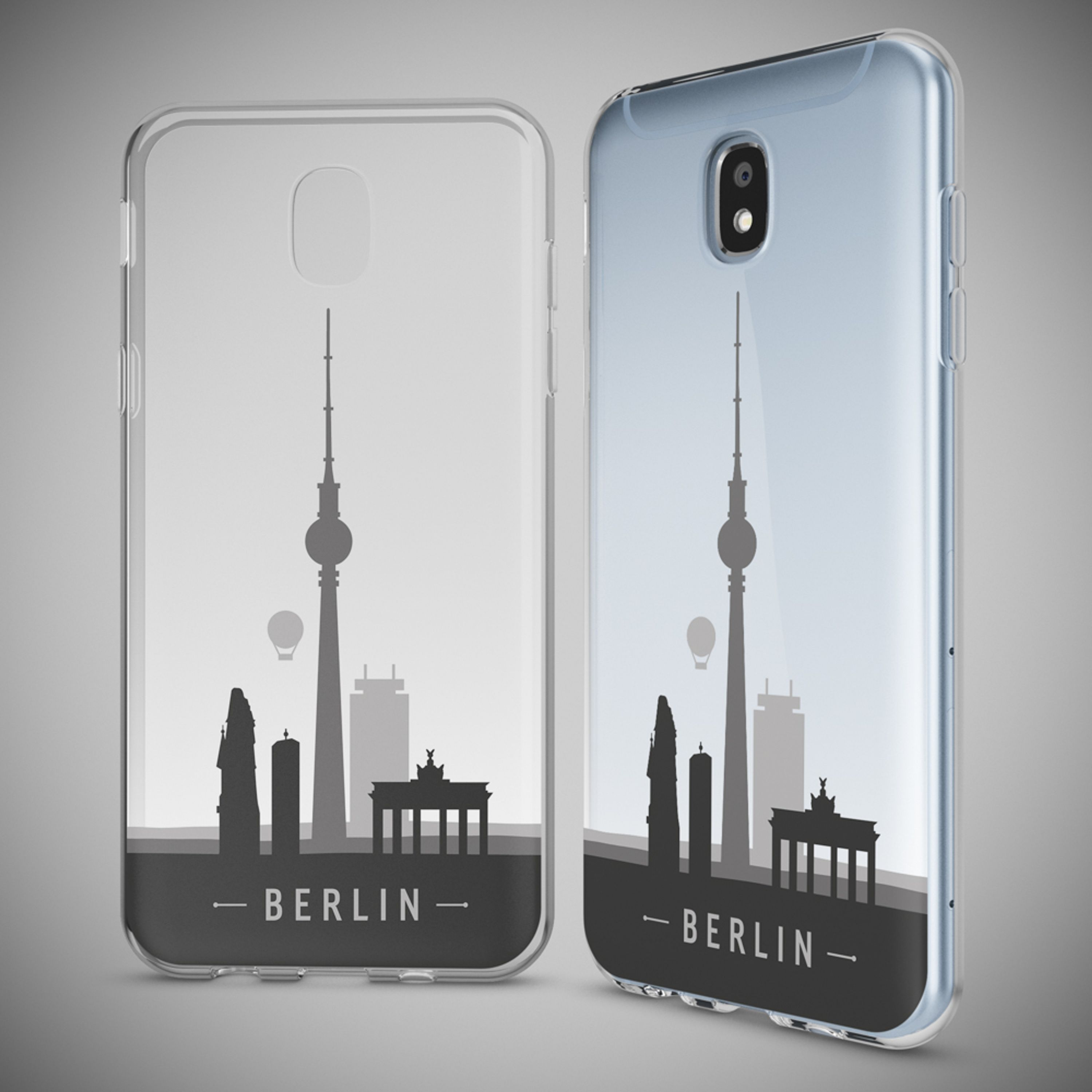 Zwei Handyhüllen mit Berliner Skyline-Motiv, eine transparent, eine blau.