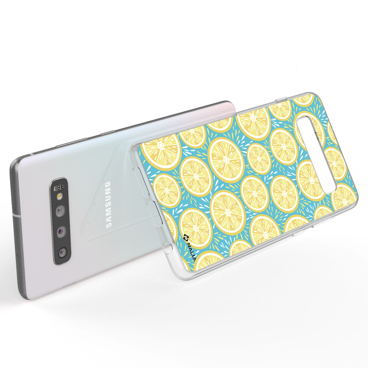 Ein weißes Samsung Handy mit einem durchsichtigen Case mit Zitronenmuster.