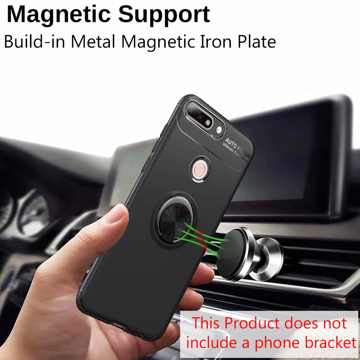 Schwarze Handyhülle mit magnetischem Ringhalter in der Nähe der Lüftungsöffnung des Autos. Magnetische Halterung.