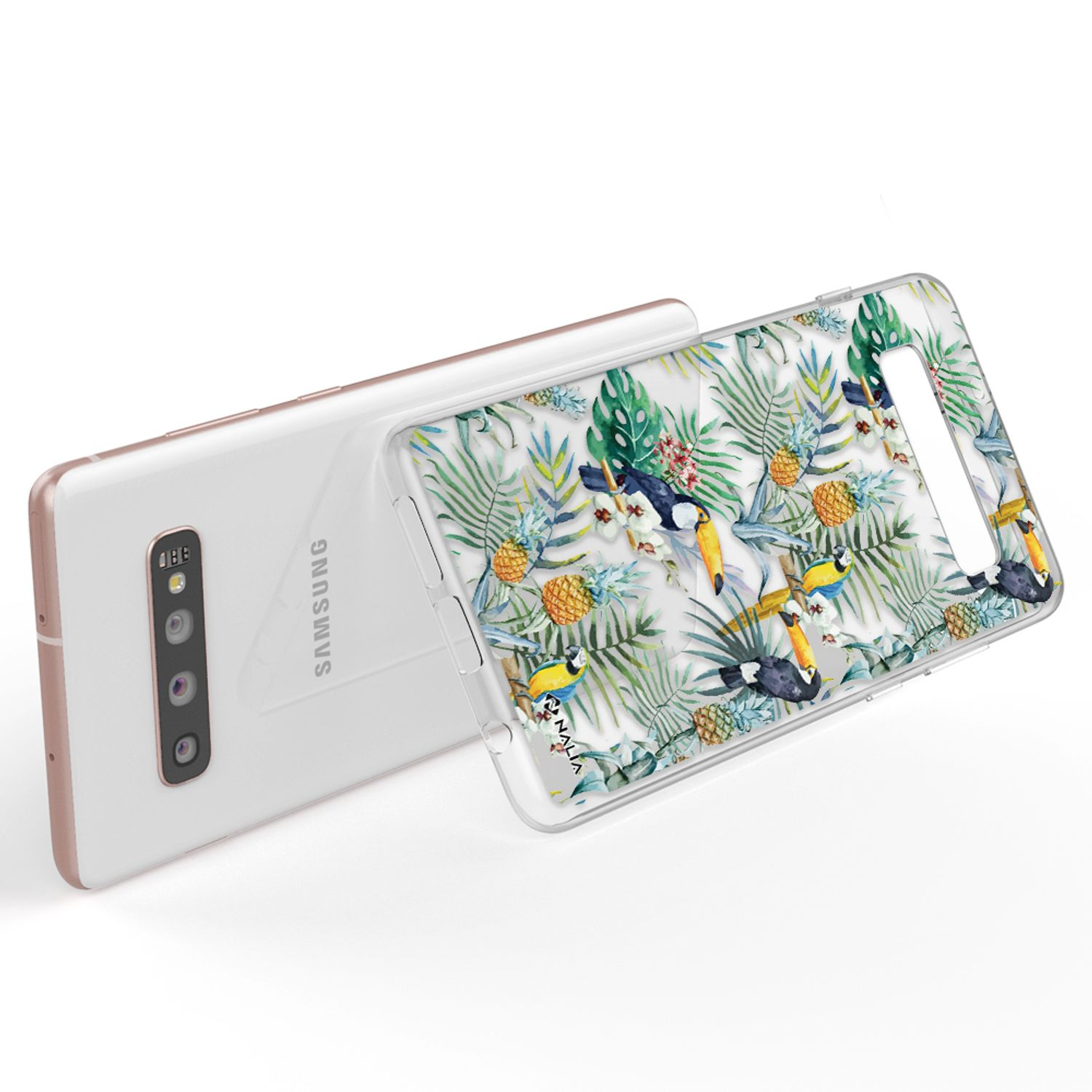 Ein weißes Samsung-Handy mit einer transparenten Hülle mit tropischem Muster aus Blättern, Ananas und Tukanen.