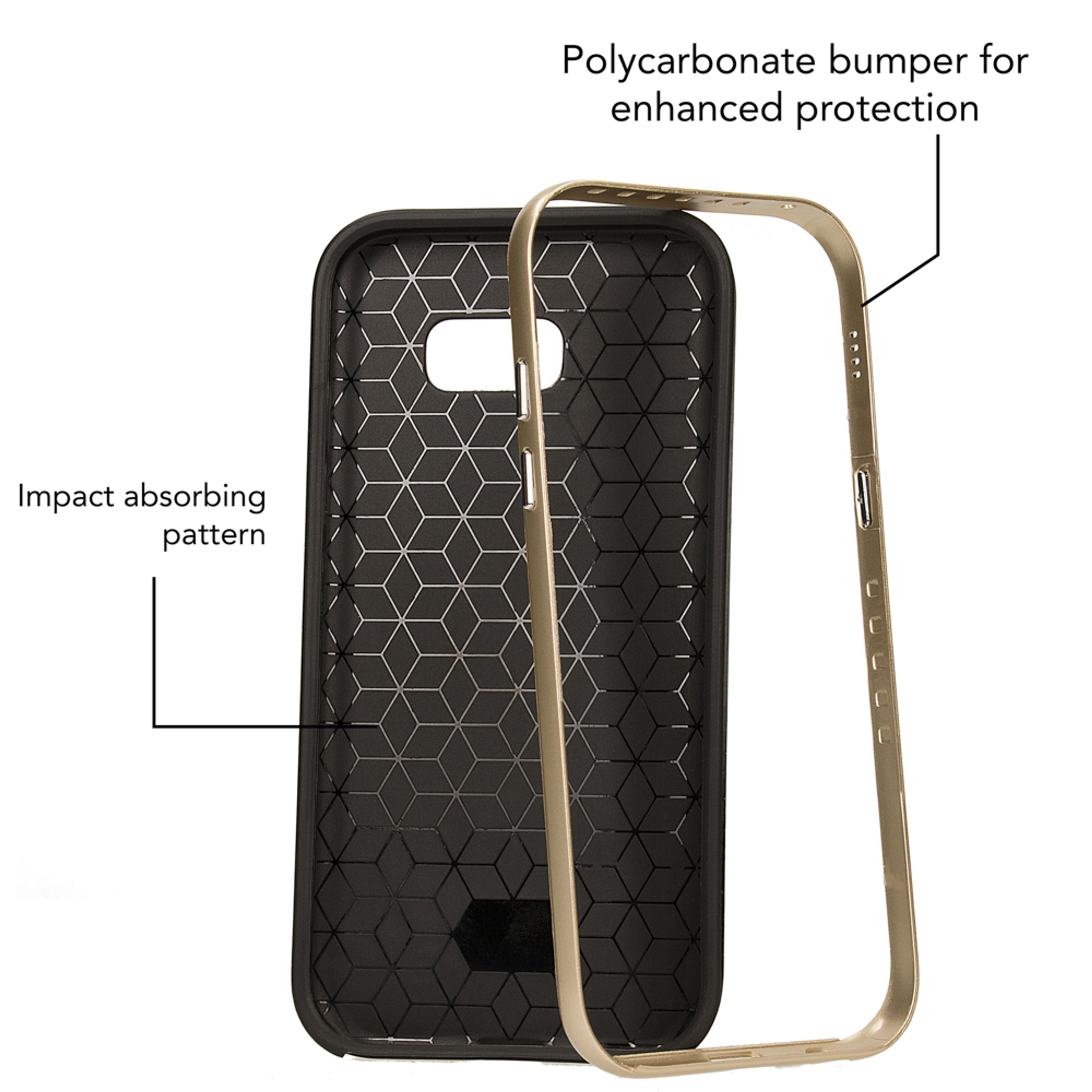 Schwarze Handyhülle mit goldfarbenem Bumper. Die Rückseite hat ein geometrisches Muster.