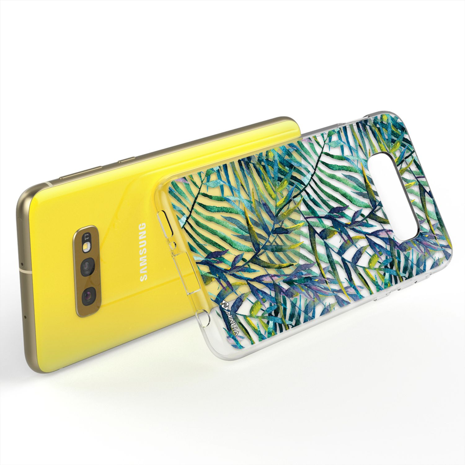 Ein gelbes Samsung-Smartphone mit einer durchsichtigen Hülle mit Blattmuster.