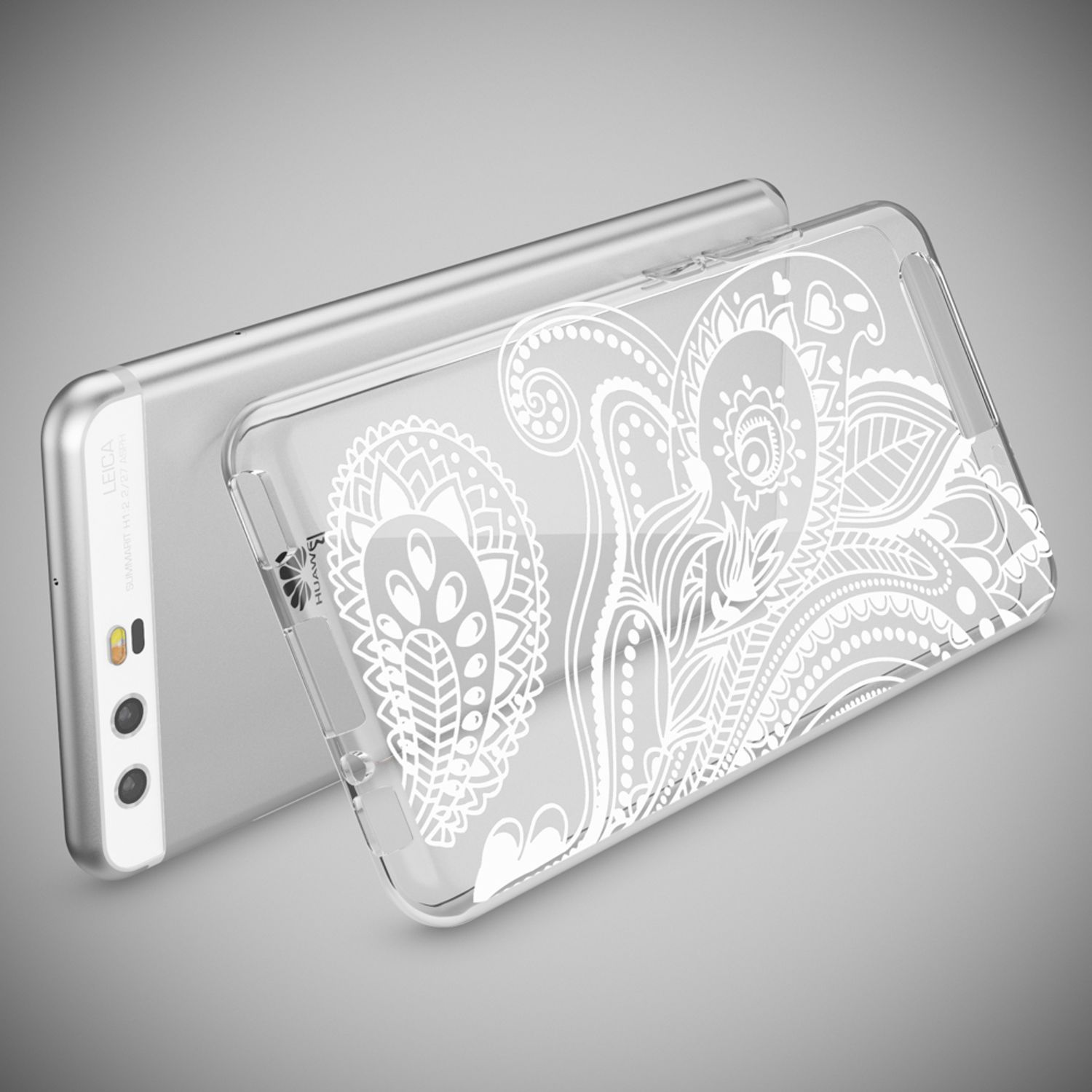 Ein silbernes Smartphone mit einer durchsichtigen Hülle mit weißem Paisley-Muster.