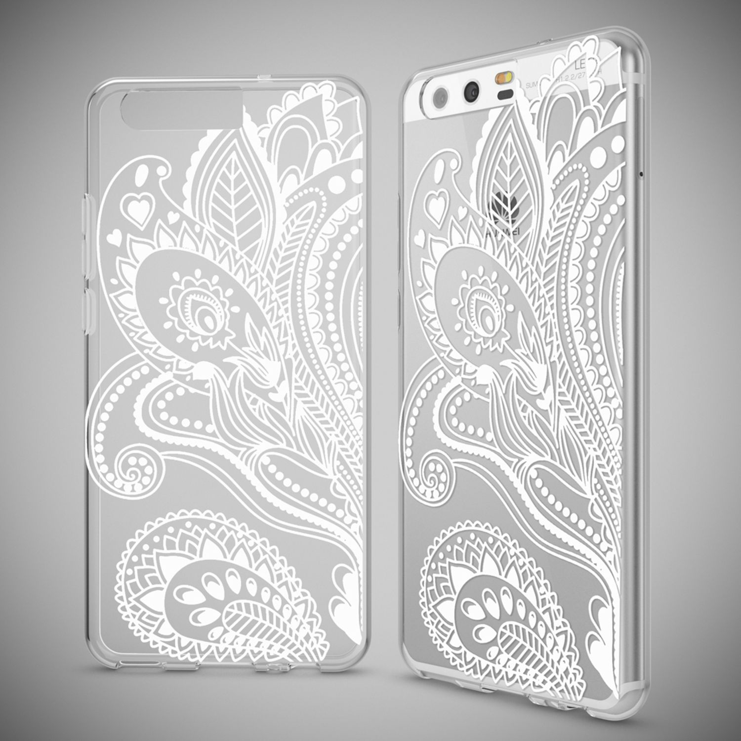 Zwei transparente Hüllen mit weißem Paisley-Muster auf grauem Hintergrund.