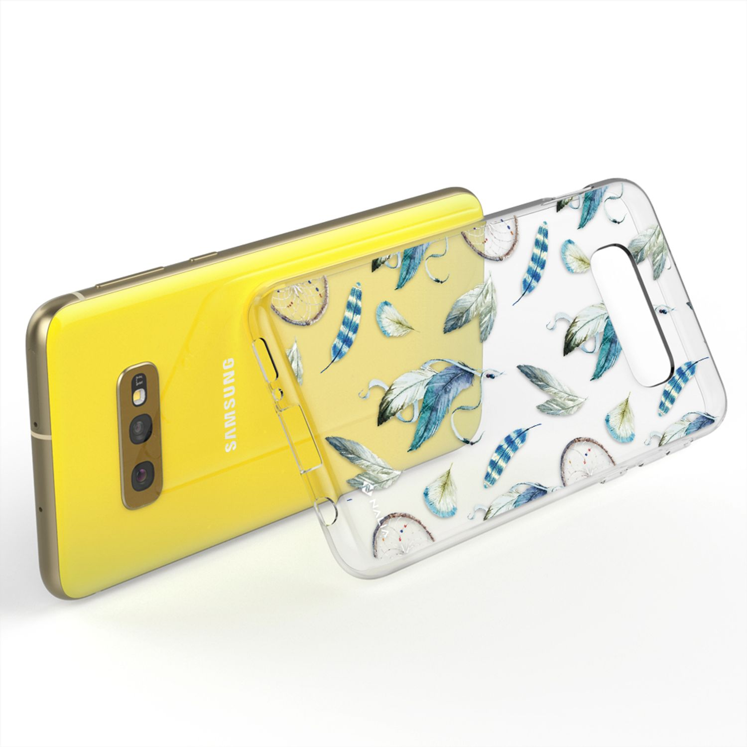 Ein gelbes Samsung-Handy mit einer transparenten Hülle mit Feder- und Traumfänger-Motiven.
