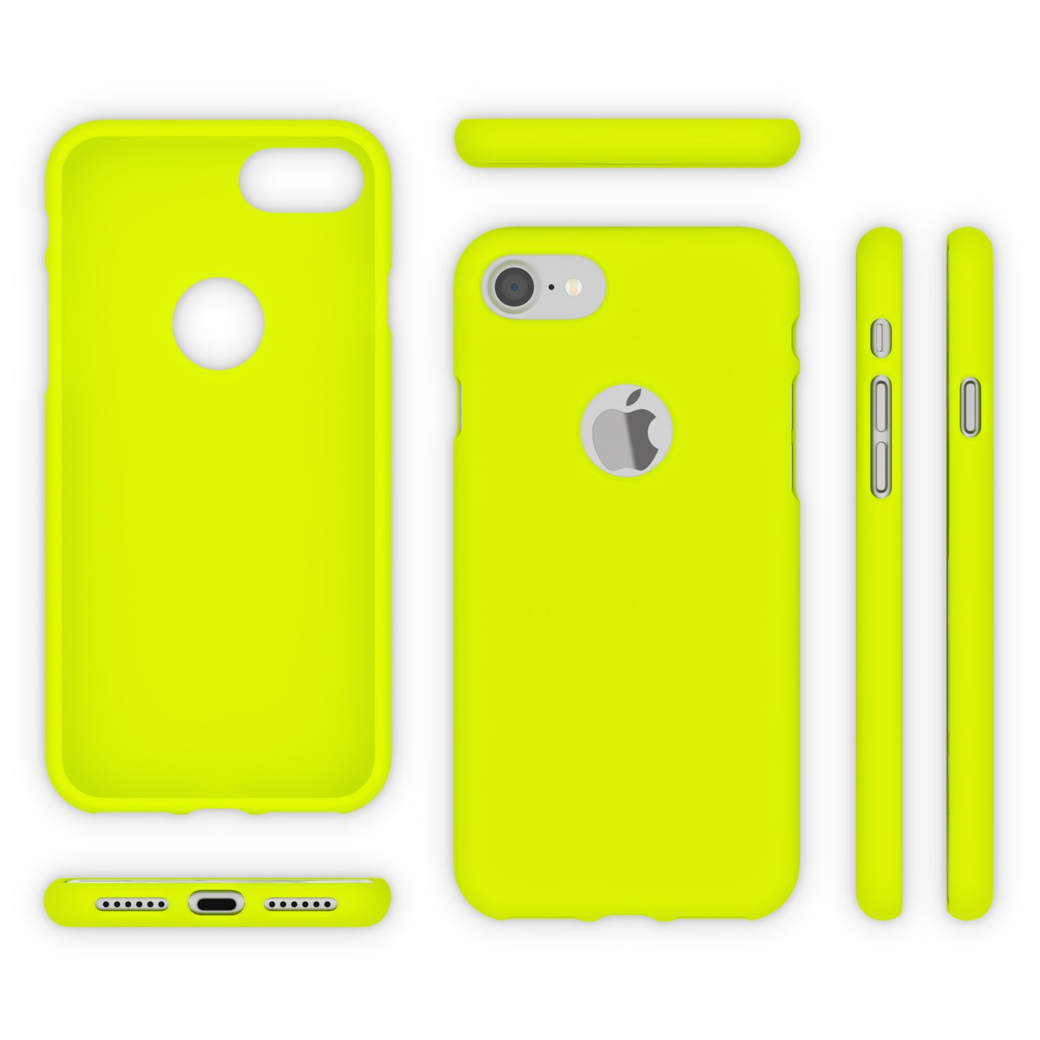 Mehrere neon-gelbe Handyhüllen für iPhones, auf weißem Hintergrund.