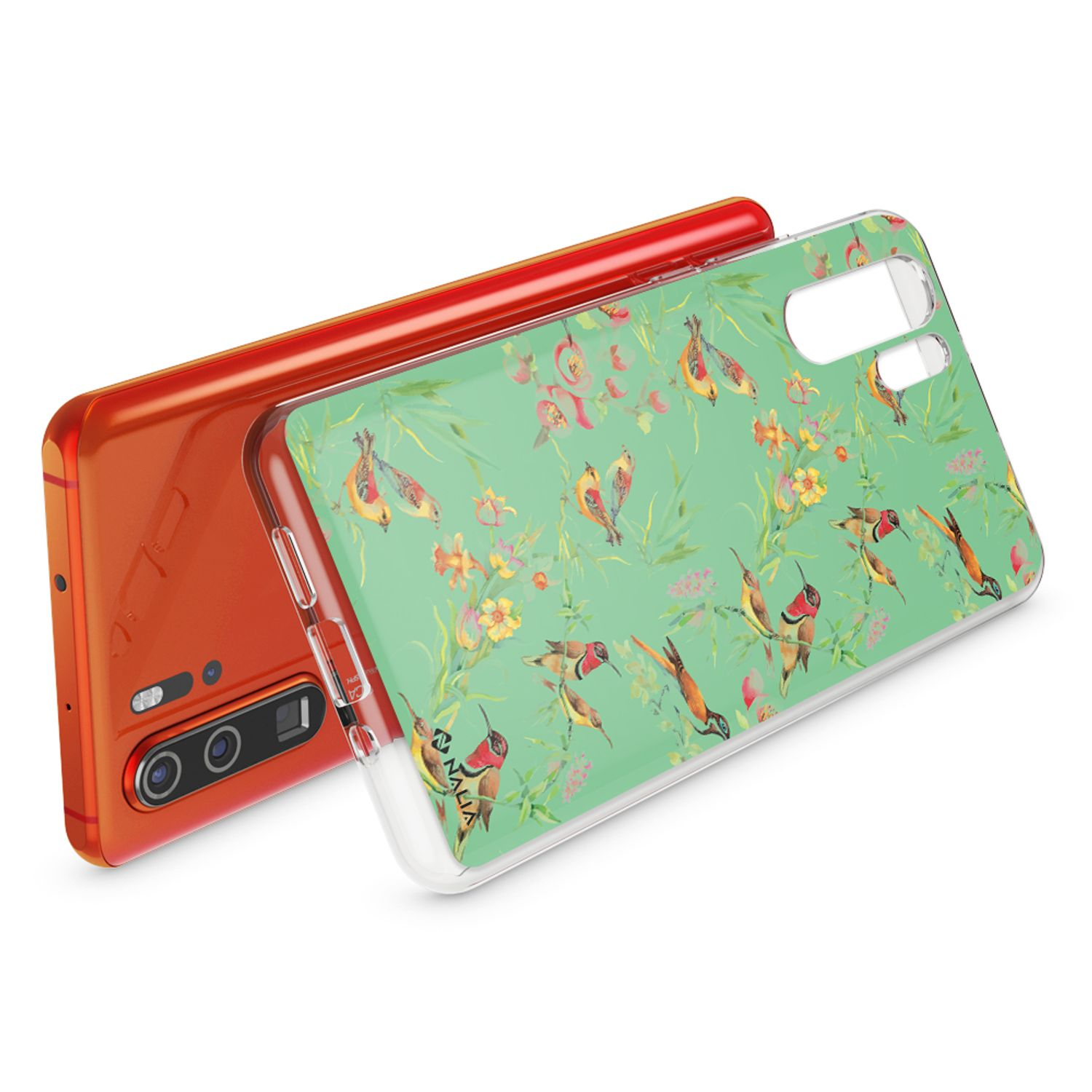 Orangefarbenes Handy mit durchsichtigem Hülle, bedruckt mit Kolibris und Blumen.