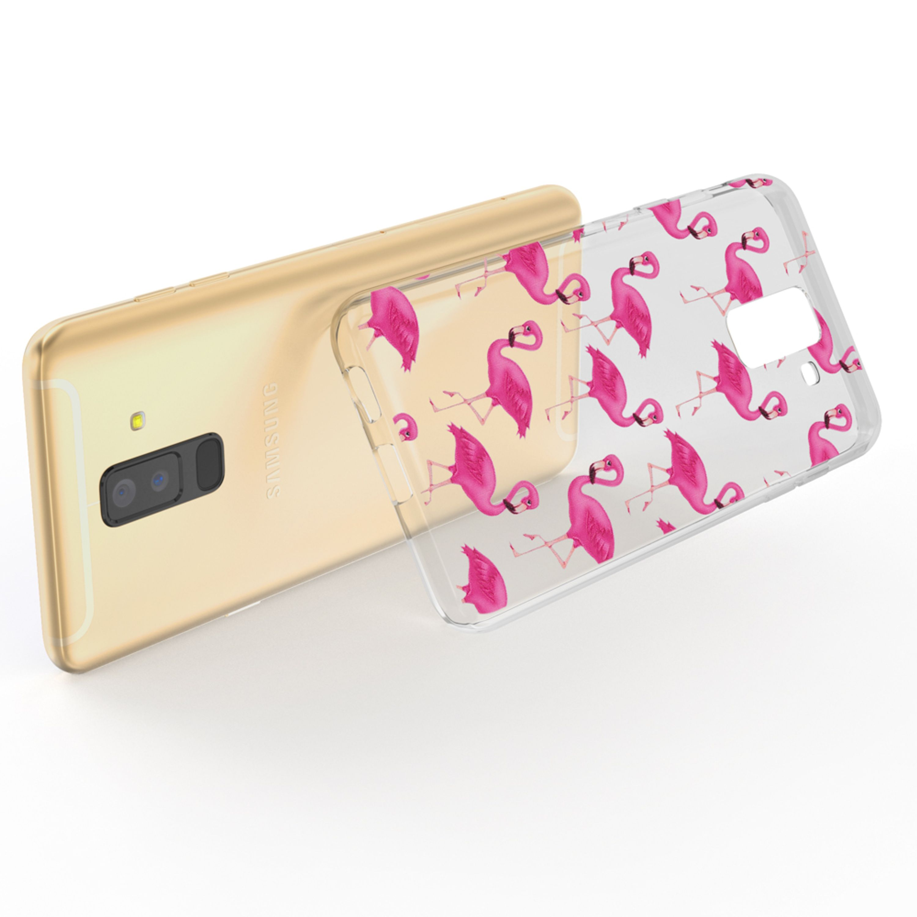 Ein goldenes Samsung-Handy mit einer durchsichtigen Hülle mit rosa Flamingos.
