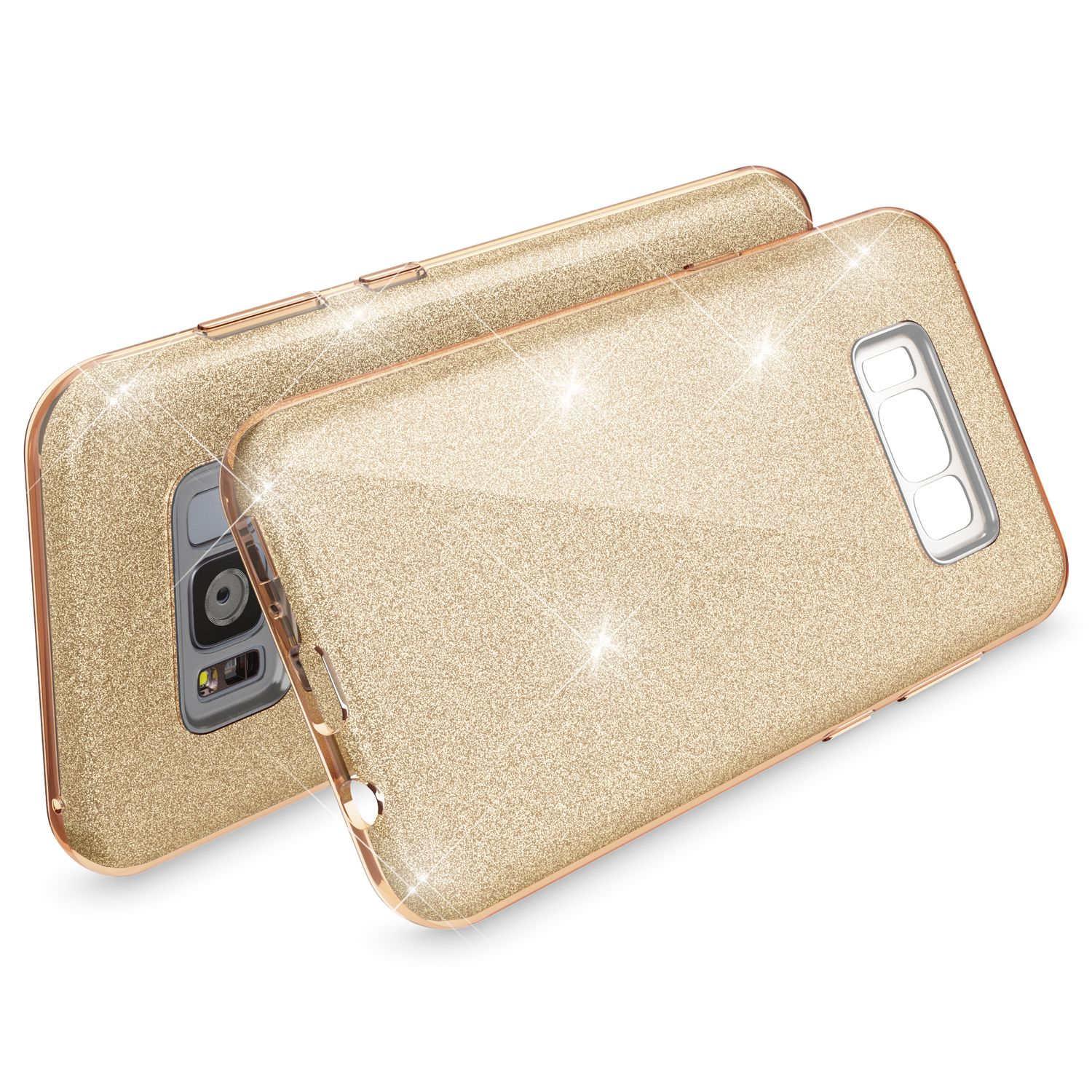 Zwei glitzernde goldene Handyhüllen mit Roségold-Rand liegen nebeneinander.