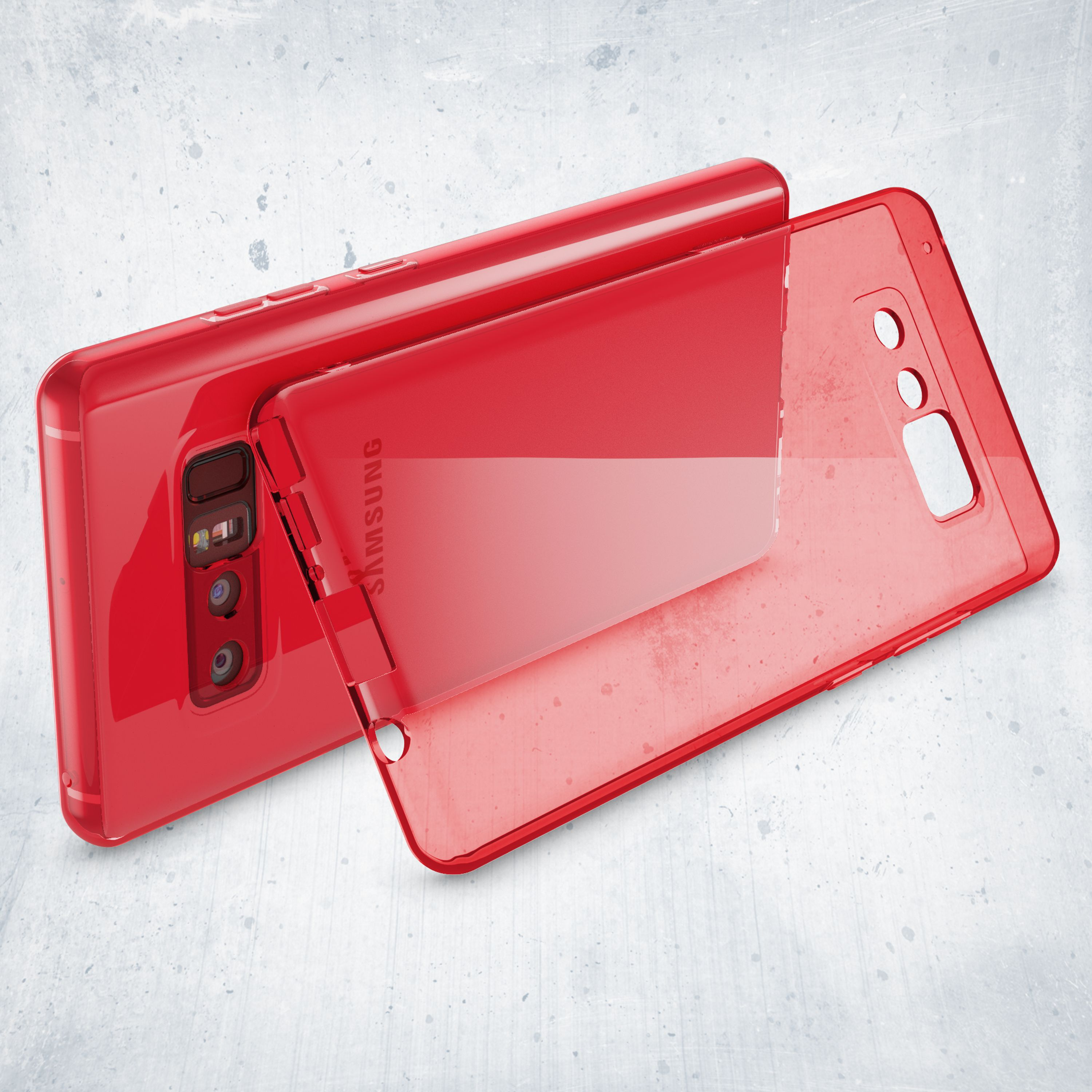 Rotes Samsung Smartphone mit transparentem Gehäuse auf grauem Untergrund.
