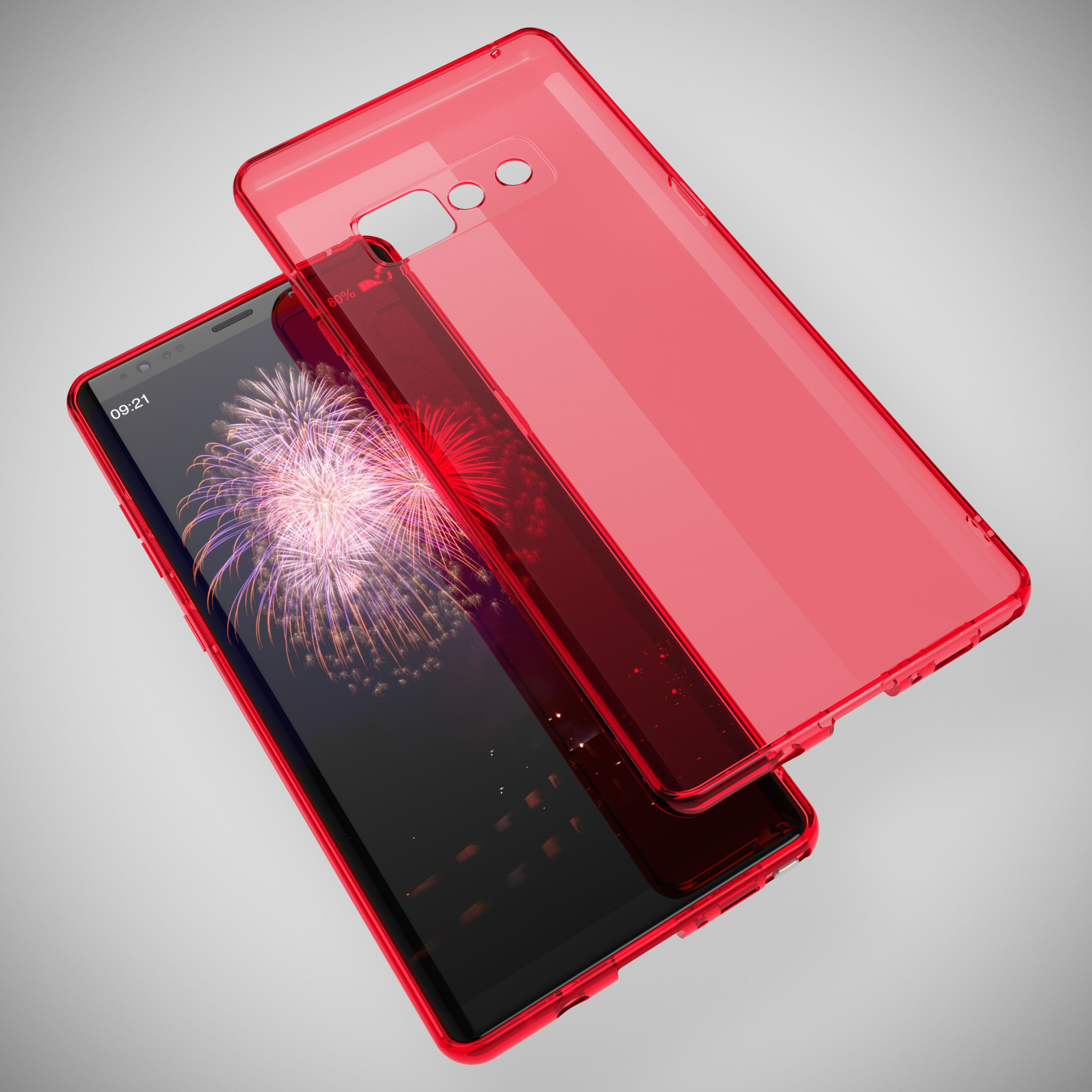 Ein rotes Smartphone mit einem Feuerwerk auf dem Bildschirm, daneben eine rote Hülle.