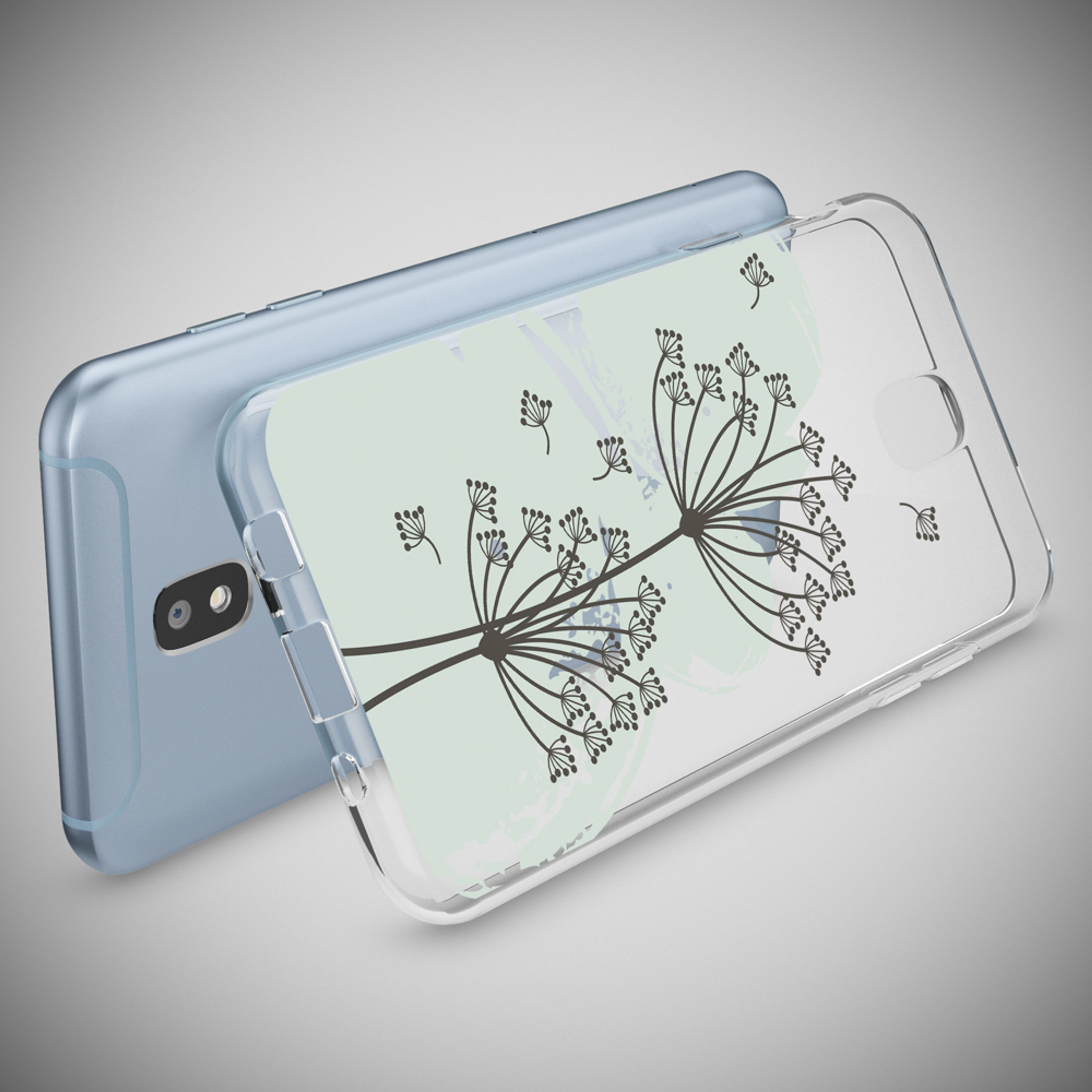 Ein blaues Smartphone mit einer transparenten Hülle mit Blumenmuster.