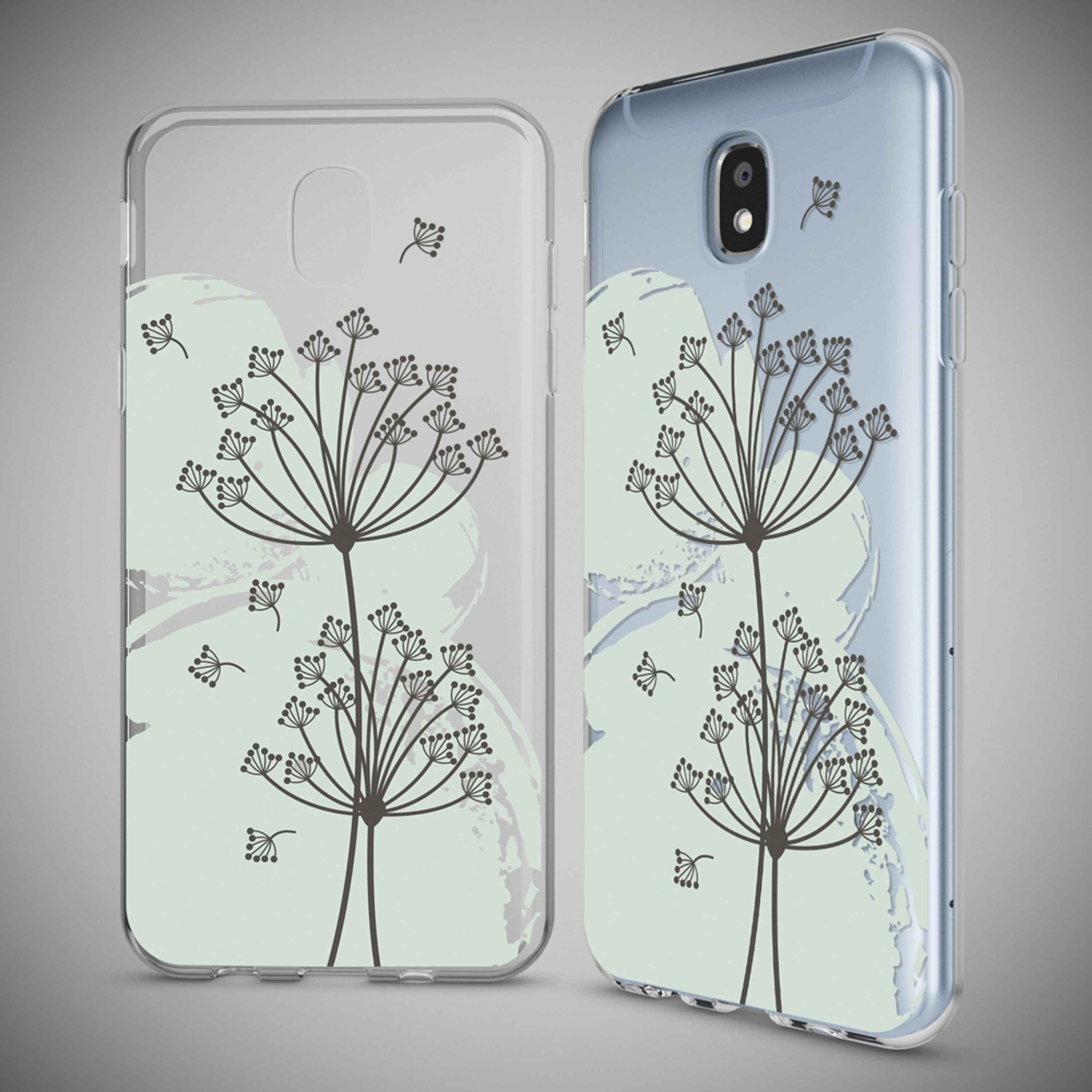 Zwei durchsichtige Handyhüllen mit zartem Dill-Design auf hellem Hintergrund.