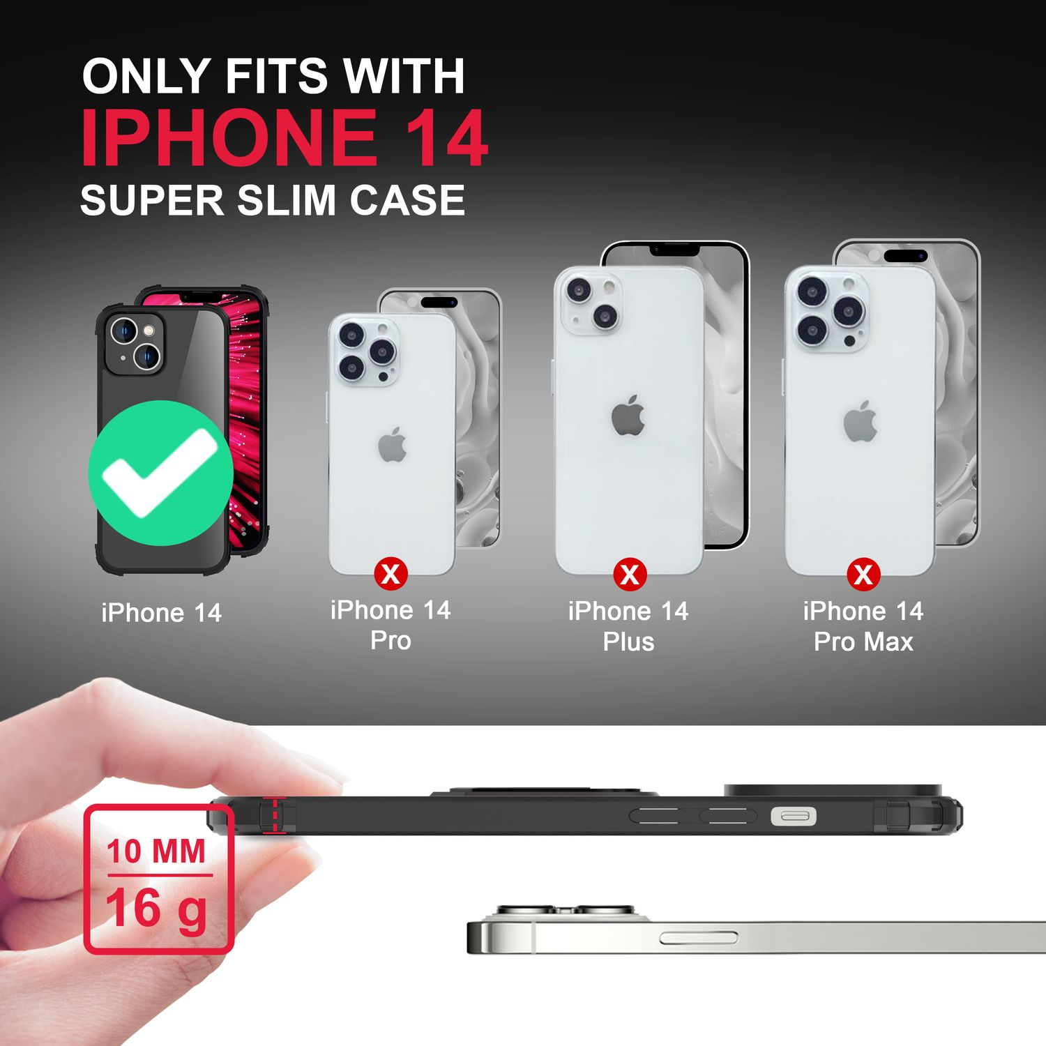 Superdünne Hülle passt nur für iPhone 14, 10 mm, 16 g.