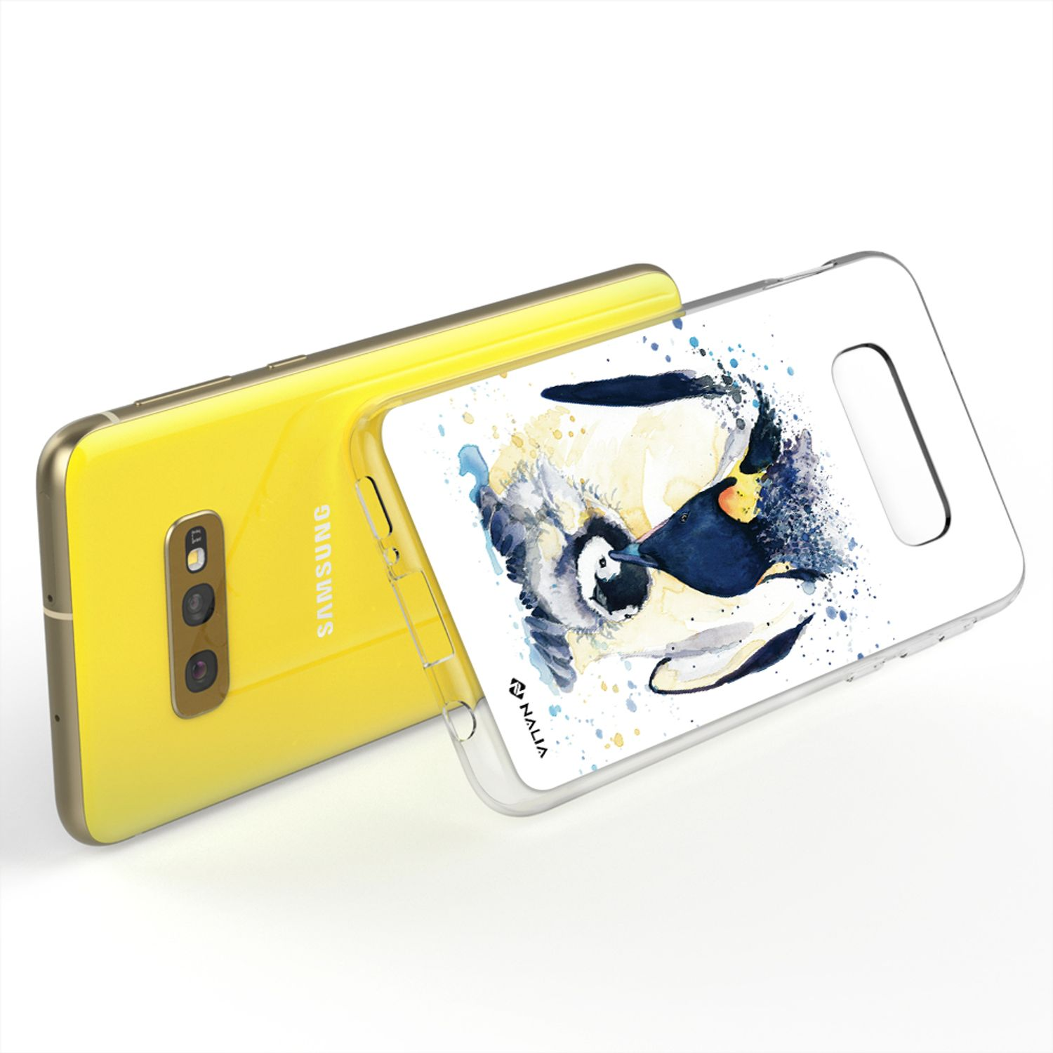 Ein gelbes Samsung-Handy mit einer durchsichtigen Hülle mit einem Aquarell-Pinguin-Aufdruck.