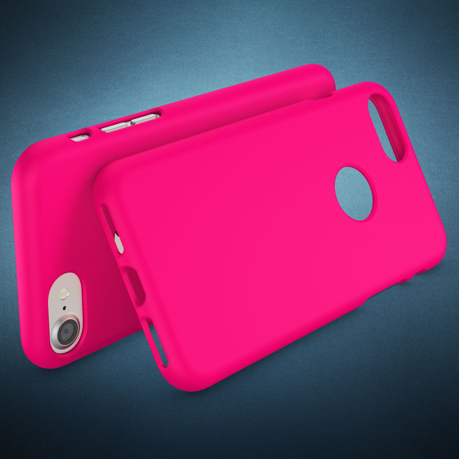 Zwei leuchtend pinke Handyhüllen liegen auf einem dunkelblauen Hintergrund.