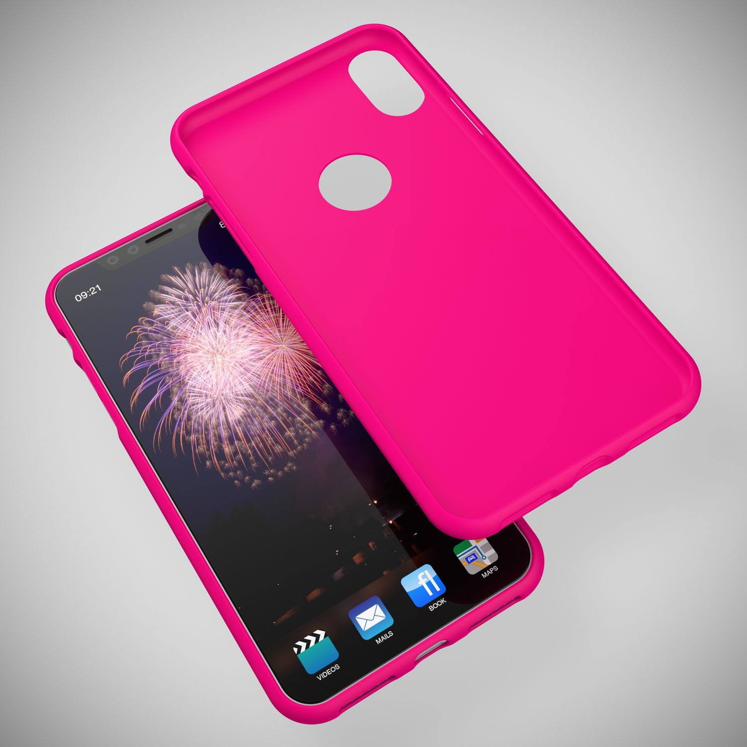Uno smartphone con sfondo di fuochi d'artificio in custodia rosa.
