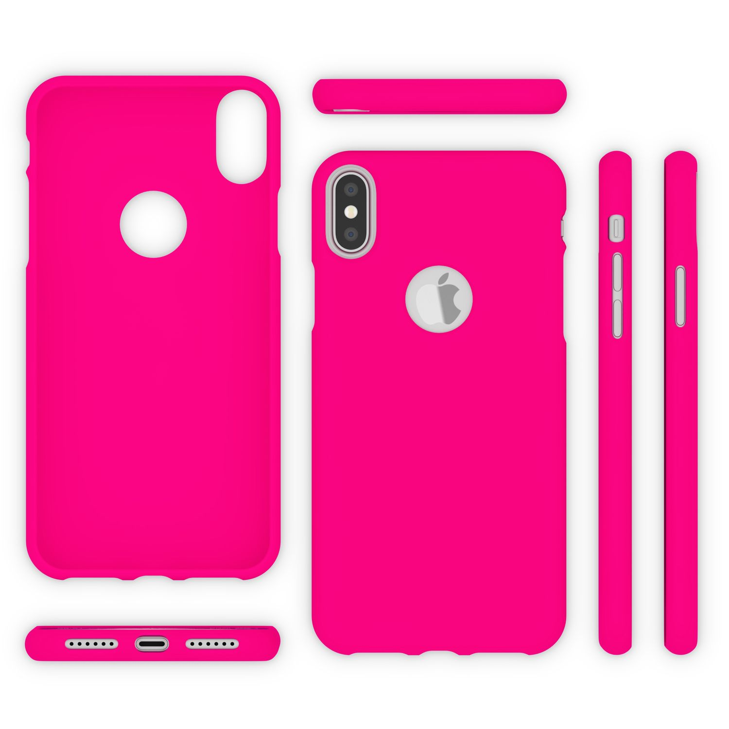 Diverse custodie rosa brillante per smartphone, su sfondo bianco.