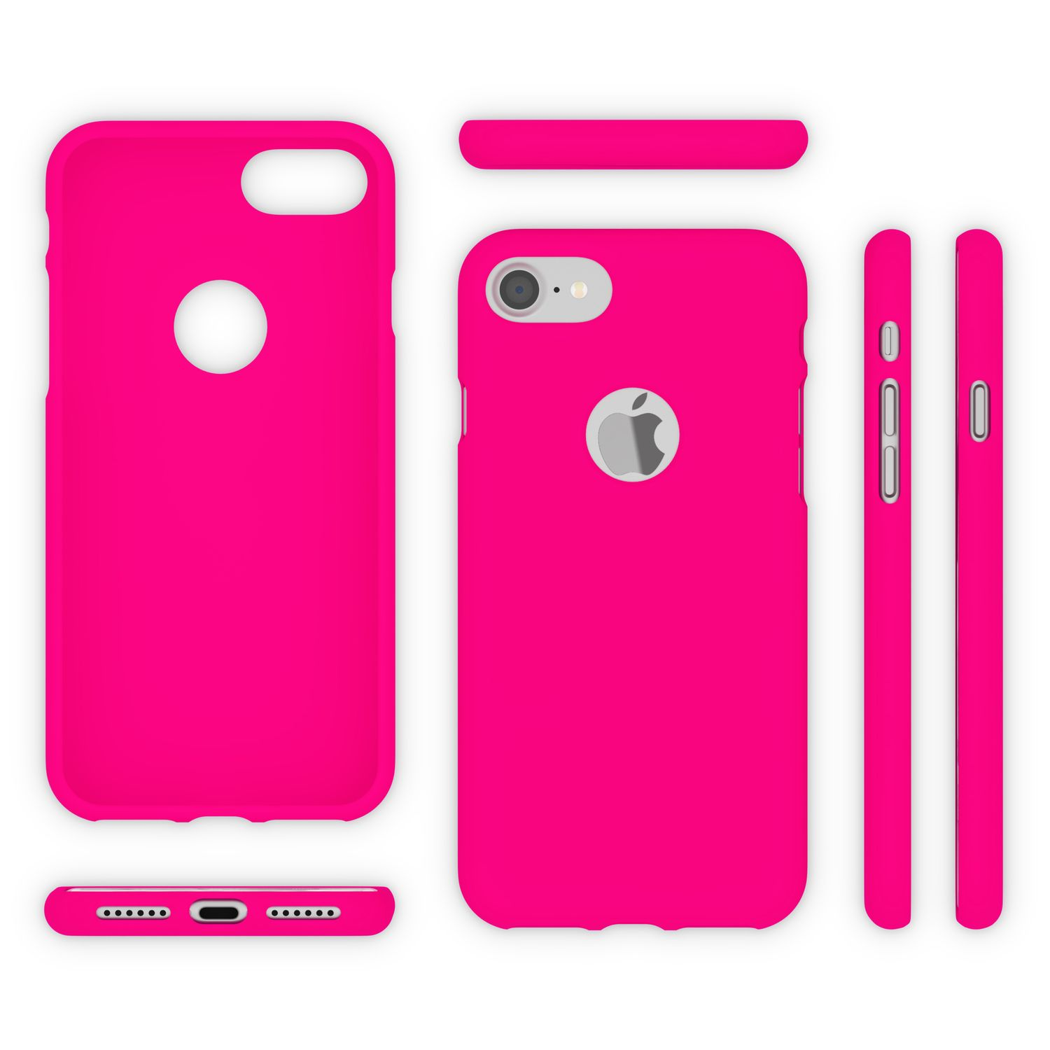 Fünf leuchtend pinke iPhone-Hüllen und Zubehörteile, die auf weißem Hintergrund angeordnet sind.