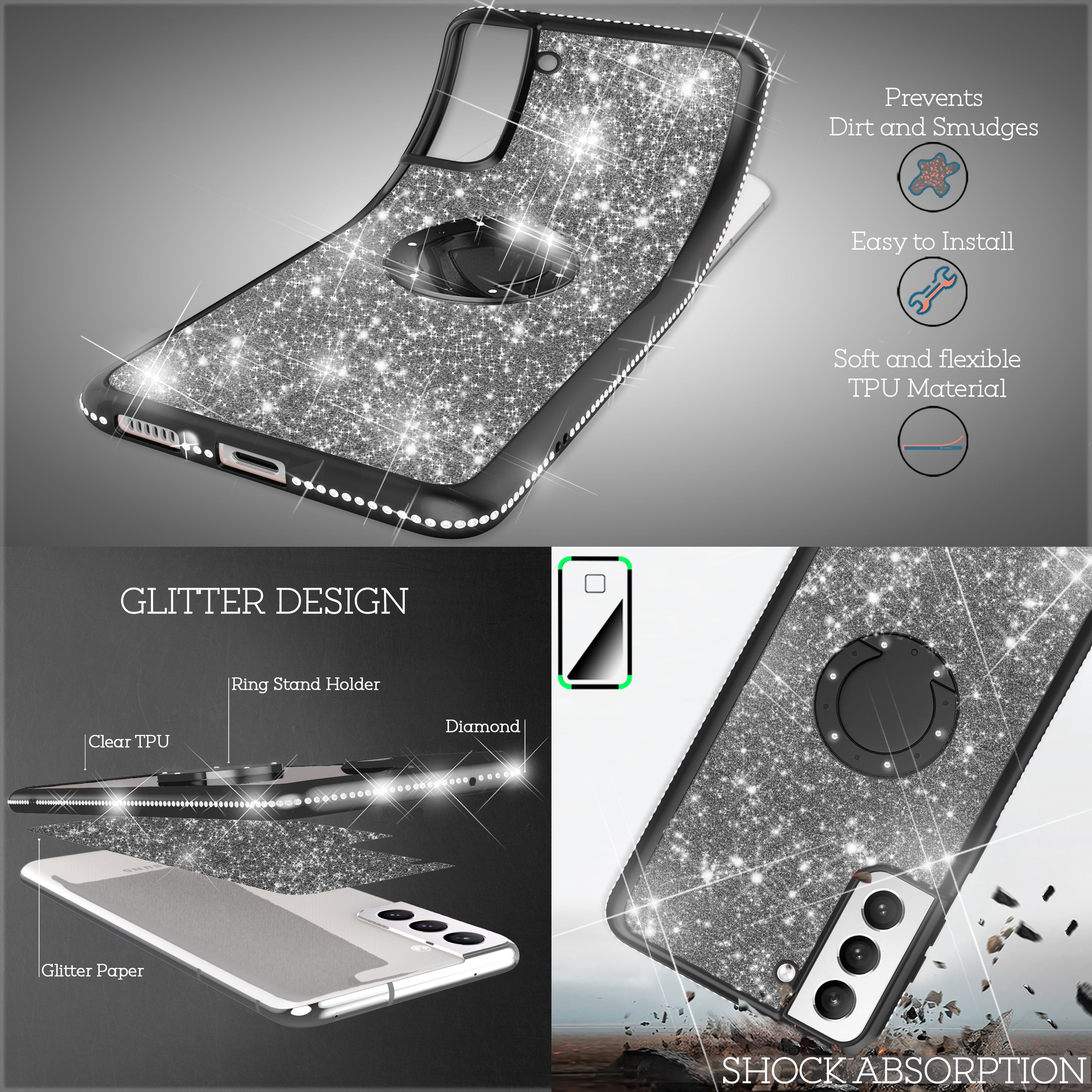 Glitzernde Handyhülle mit Ringhalterung, TPU-Material, Schockabsorption.