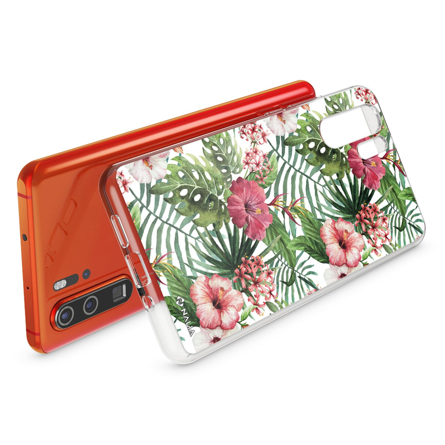 Smartphone arancione con custodia trasparente con fantasia floreale tropicale.