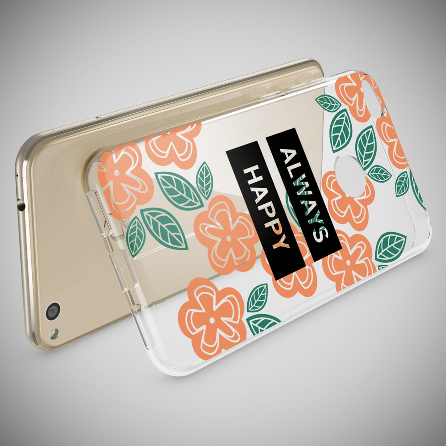 Goldfarbenes Smartphone mit durchsichtigem Hülle mit Blumenmuster und Text.