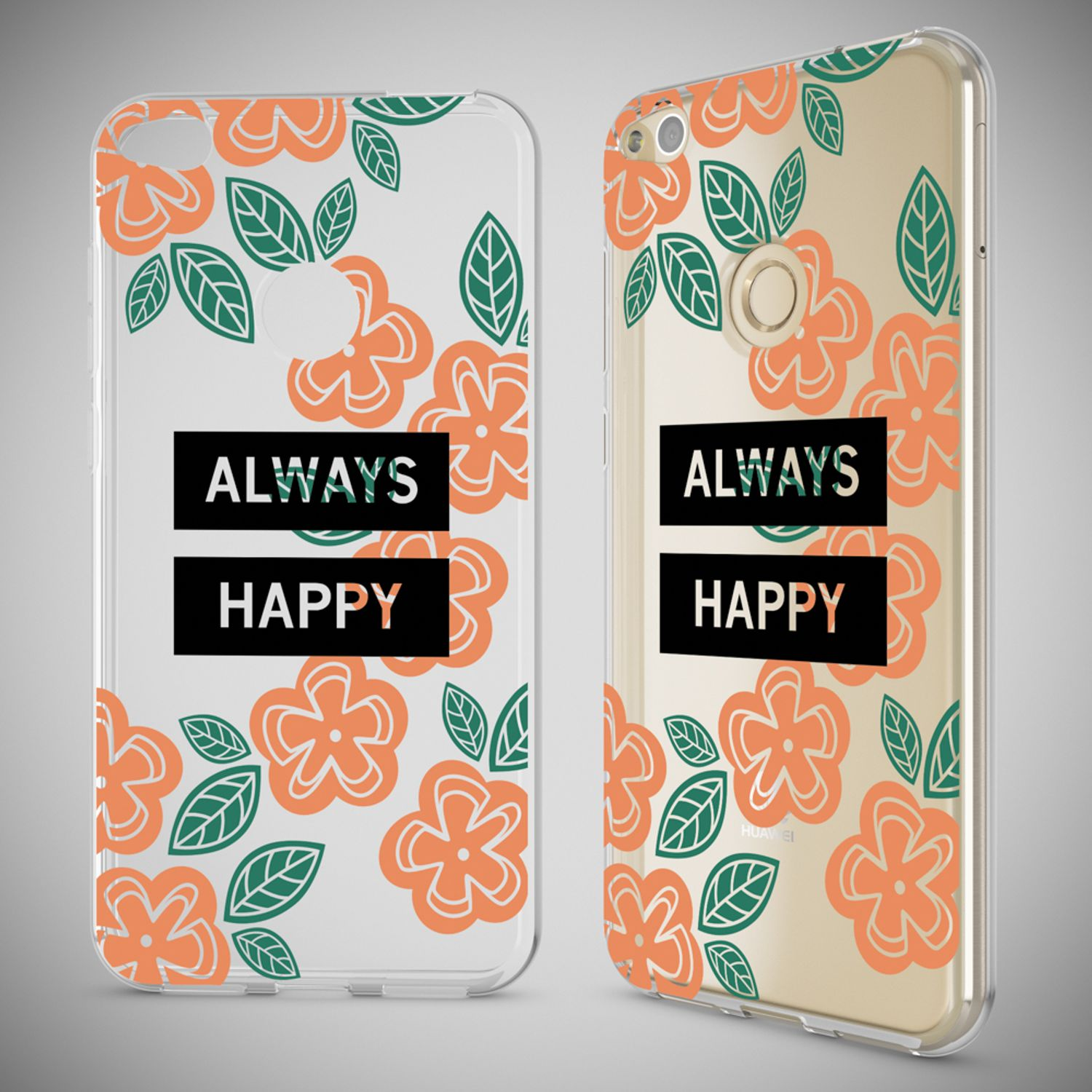 Zwei Handyhüllen mit orange-grünen Blumenmuster und Text 'ALWAYS HAPPY'.