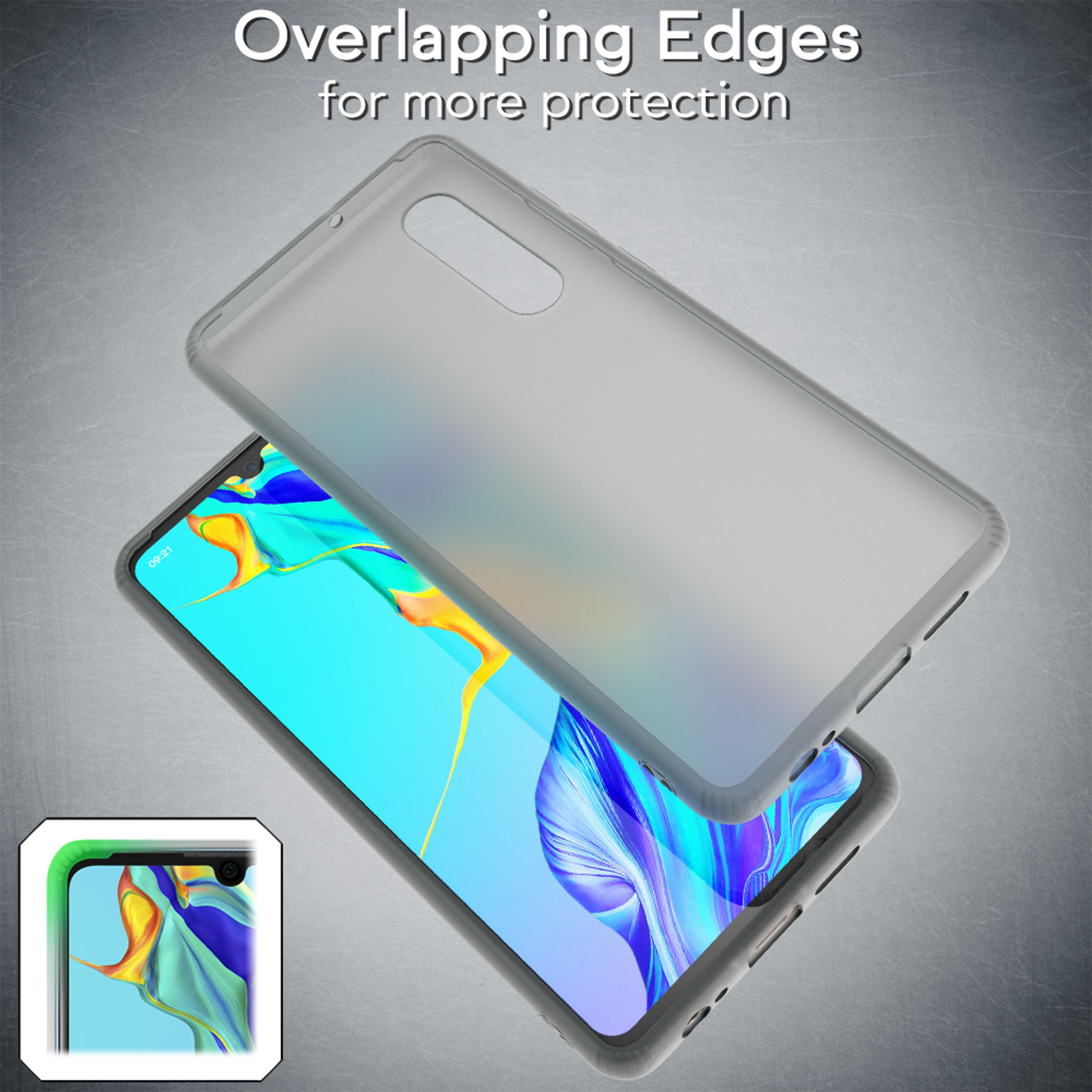 Graue Handyhülle über einem Smartphone mit buntem Display. Kleine Nahaufnahme unten.
